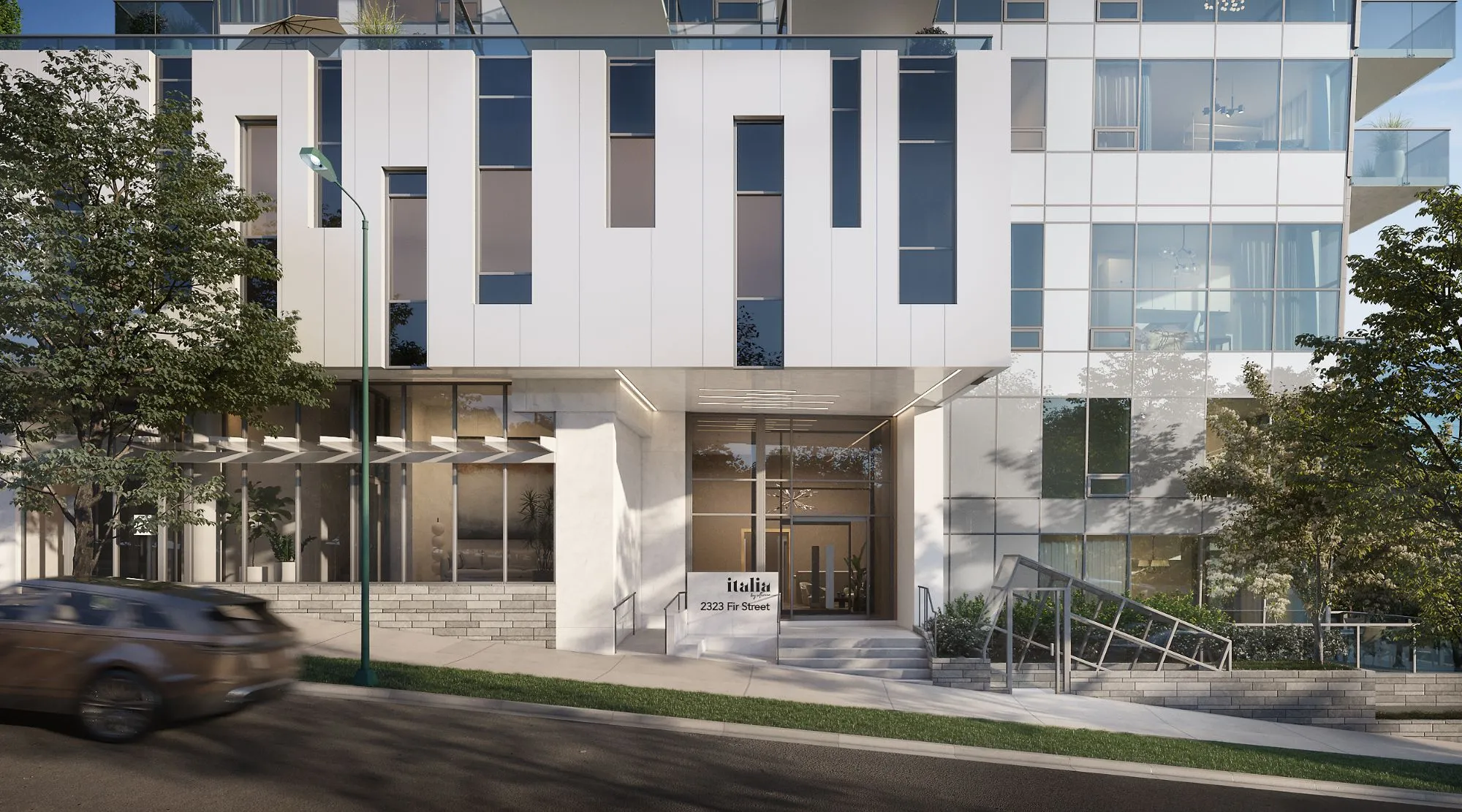3D exterior rendering of the street-level entrance to Italia by Solterra at 2323 Fir Street in Vancouver