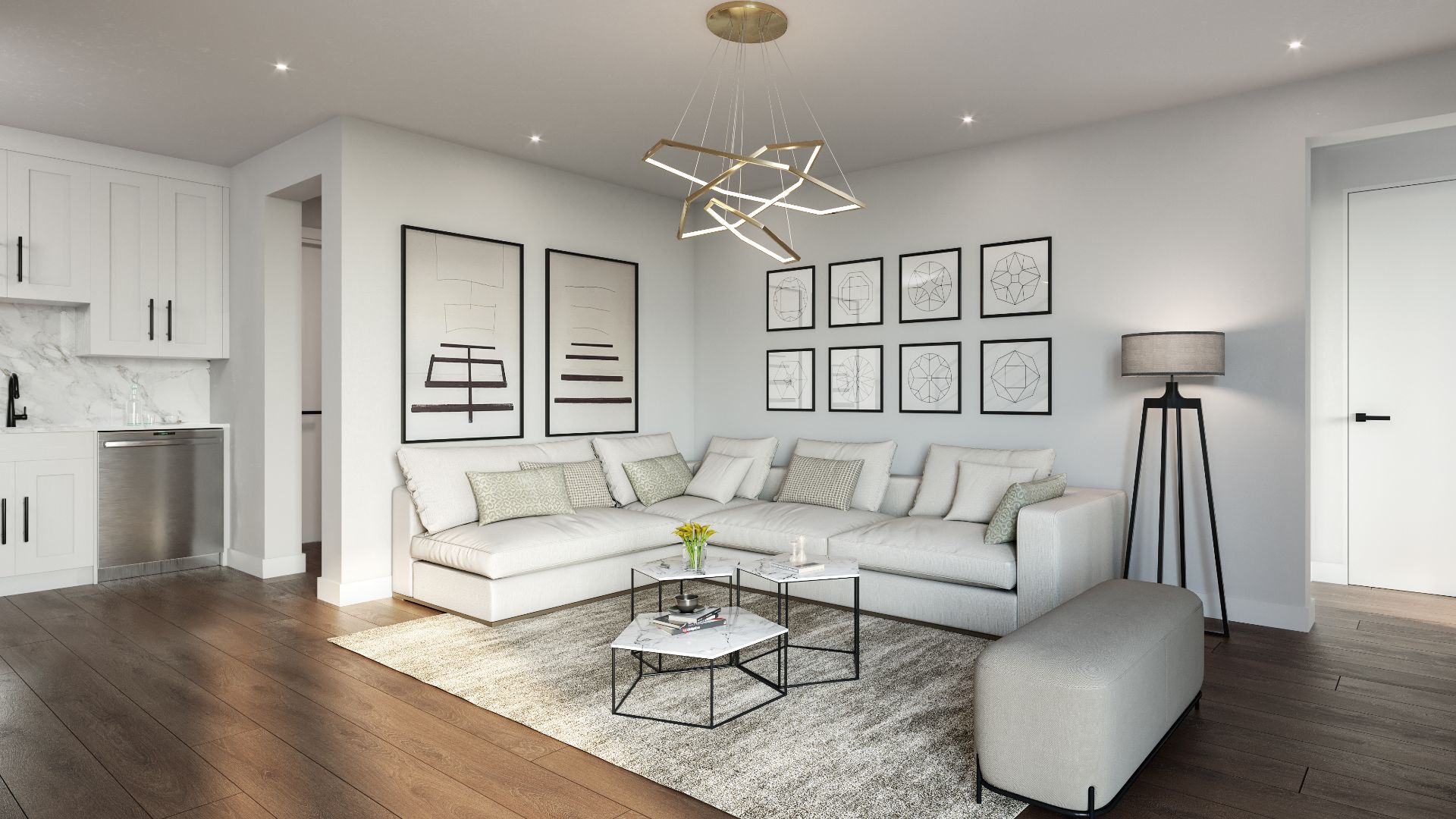 3D interior rendering of a living room at Addie Westlake in Austin, Texas, with a white sectional, a sculptural ring chandelier, a framed gallery wall, and an open kitchen alongside.