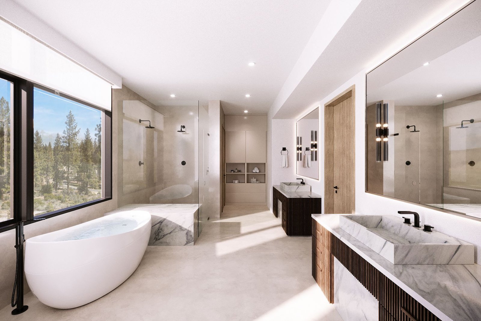 3D interior rendering of the Clear Creek Tahoe primary bathroom, with a freestanding tub at a picture window, twin marble vanities, and a walk-in shower.