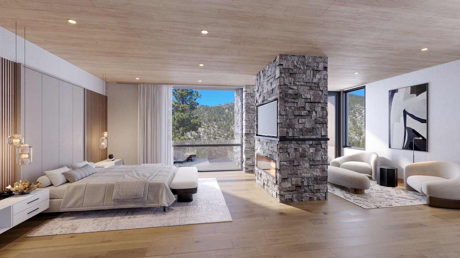 3D interior rendering of the Clear Creek Tahoe primary bedroom, with a stacked-stone fireplace volume holding the television, lounge chairs, and a wall of glass to the mountains.