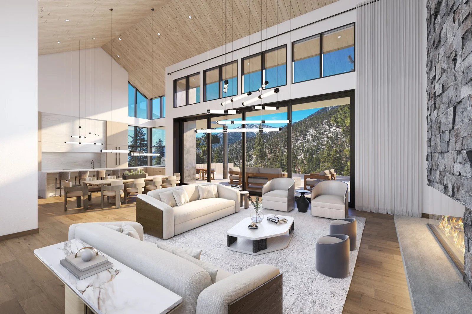 3D interior rendering of the Clear Creek Tahoe great room, with layered neutral seating, a stone fireplace, and a vaulted timber ceiling framing the mountain view.