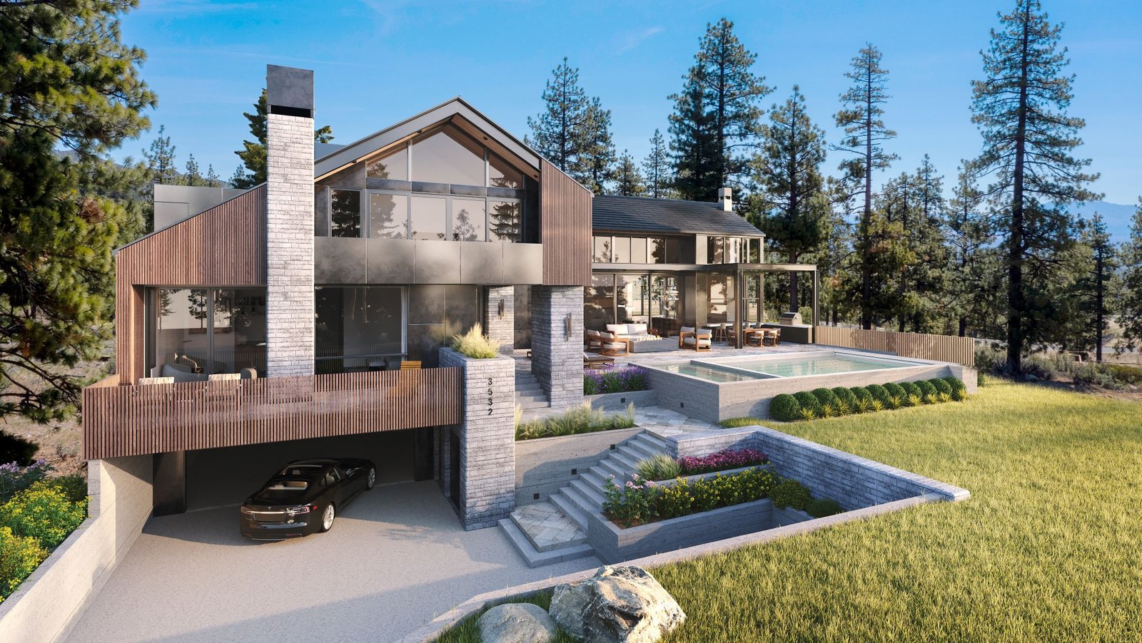 3D exterior rendering of the Clear Creek Tahoe residence, a mountain-modern home in timber and stone stepping down the hillside above a carport, with the pool terrace to one side.