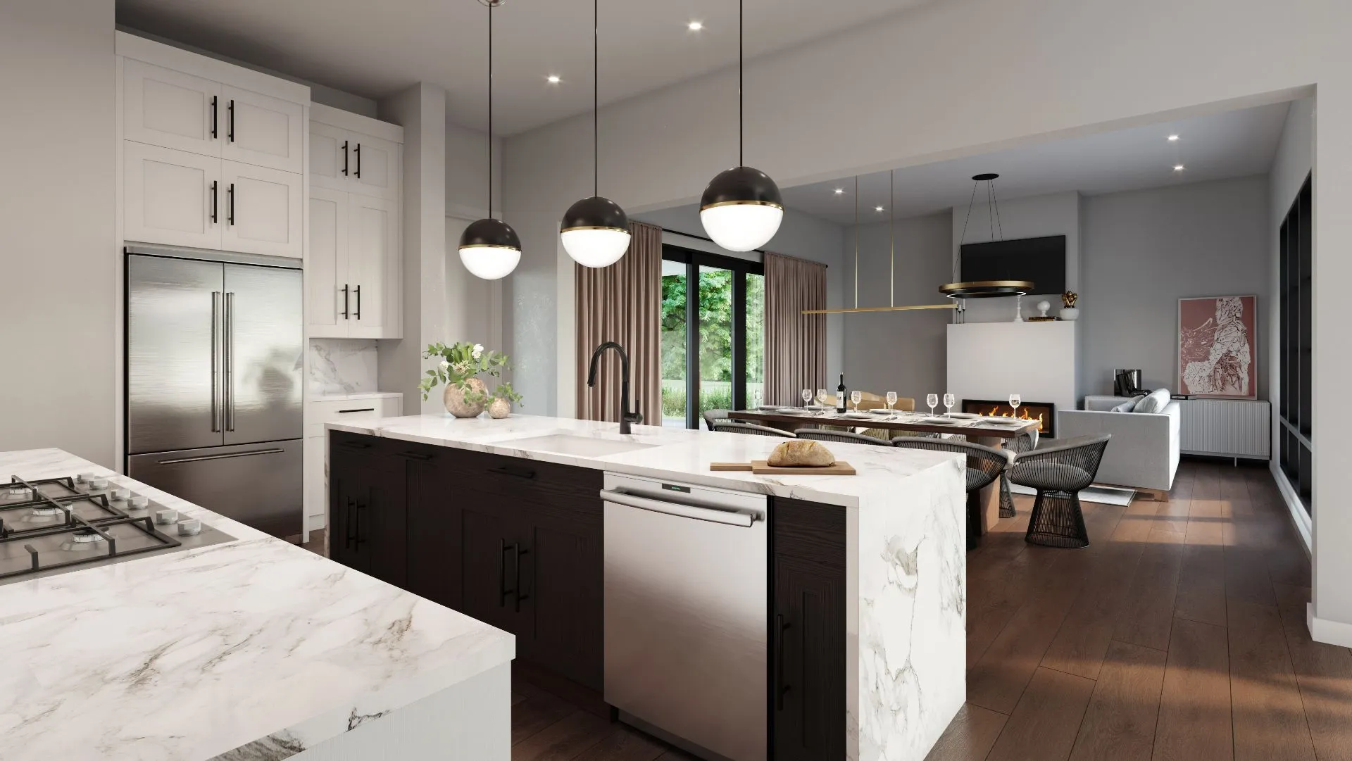 3D interior rendering of an open kitchen at Addie Westlake in Austin, Texas, with a marble waterfall island, dark cabinetry, globe pendants, and a dining room and fireplace beyond.