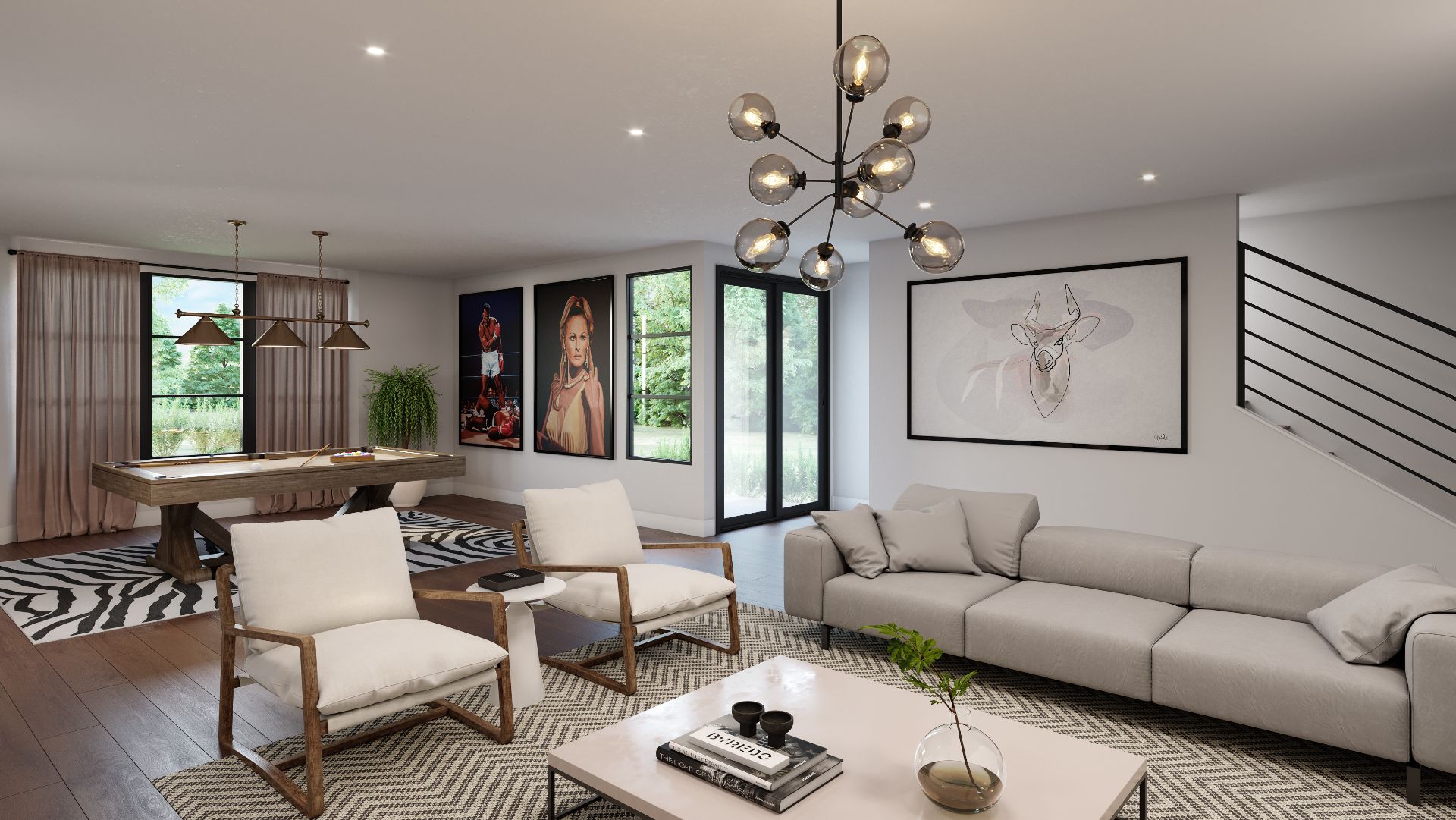 3D interior rendering of a lower-level recreation room at Addie Westlake in Austin, Texas, with a games table, lounge chairs, a long sectional, framed art, and a staircase.