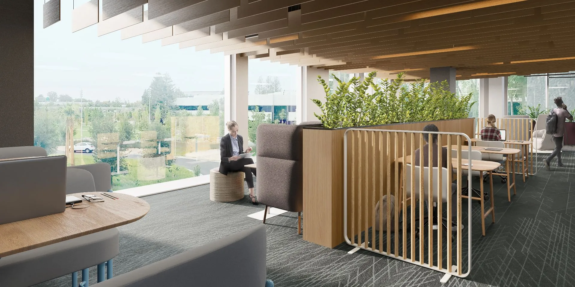 3D interior rendering of a daylit work lounge along the window line at LinkedIn's Palo Alto headquarters, with slatted timber ceiling baffles, planted timber partitions, soft seating, and a view out to landscaped grounds.