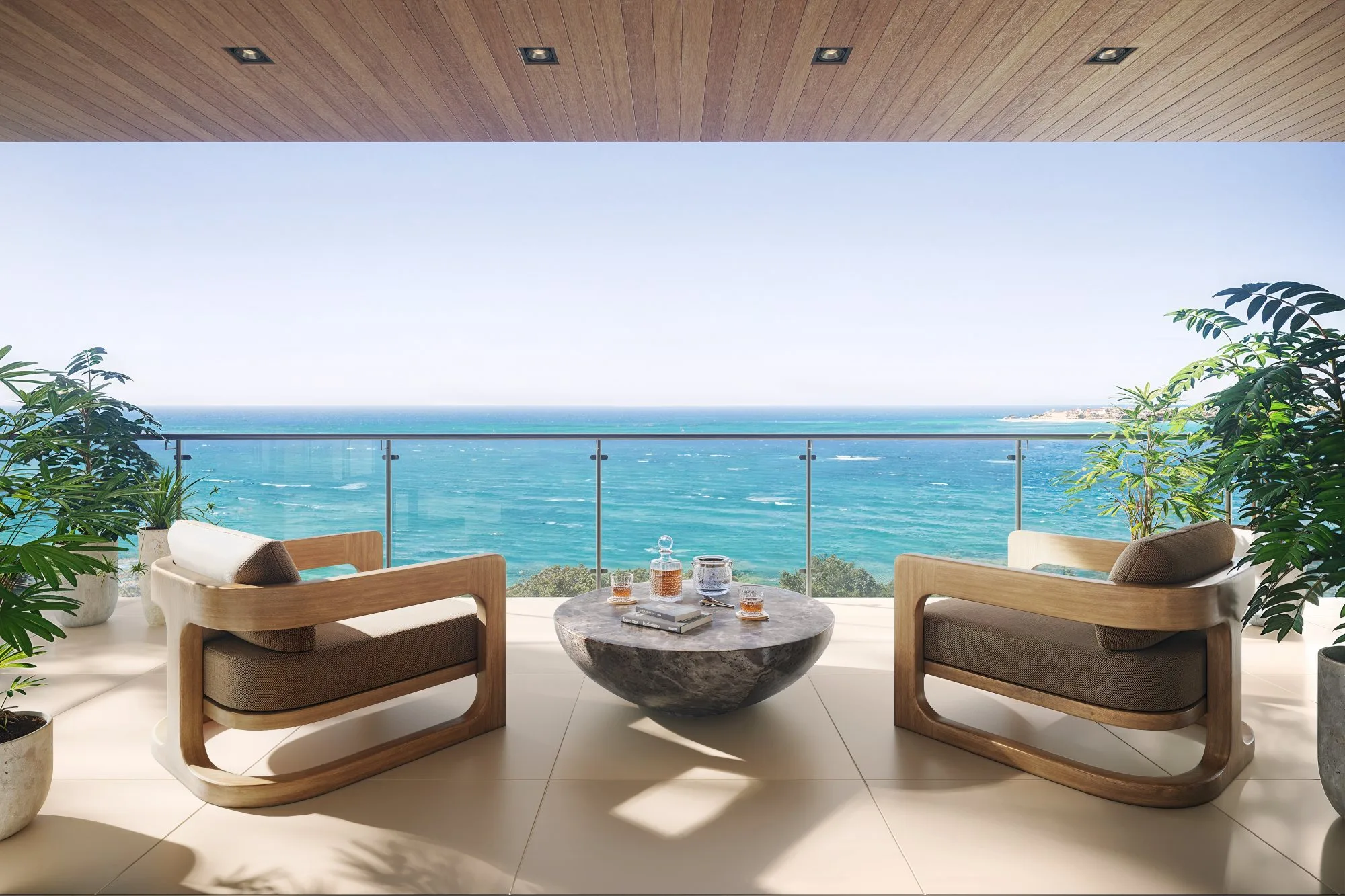 Oceanfront terrace interior rendering with lounge seating