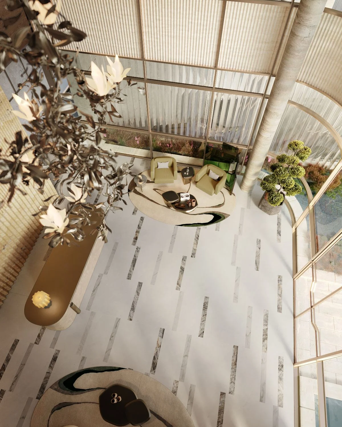 Overhead 3D rendering of a double-height residential lounge at Sankari Place, Dubai, with sculptural seating, a veined marble floor, and tall arched windows.