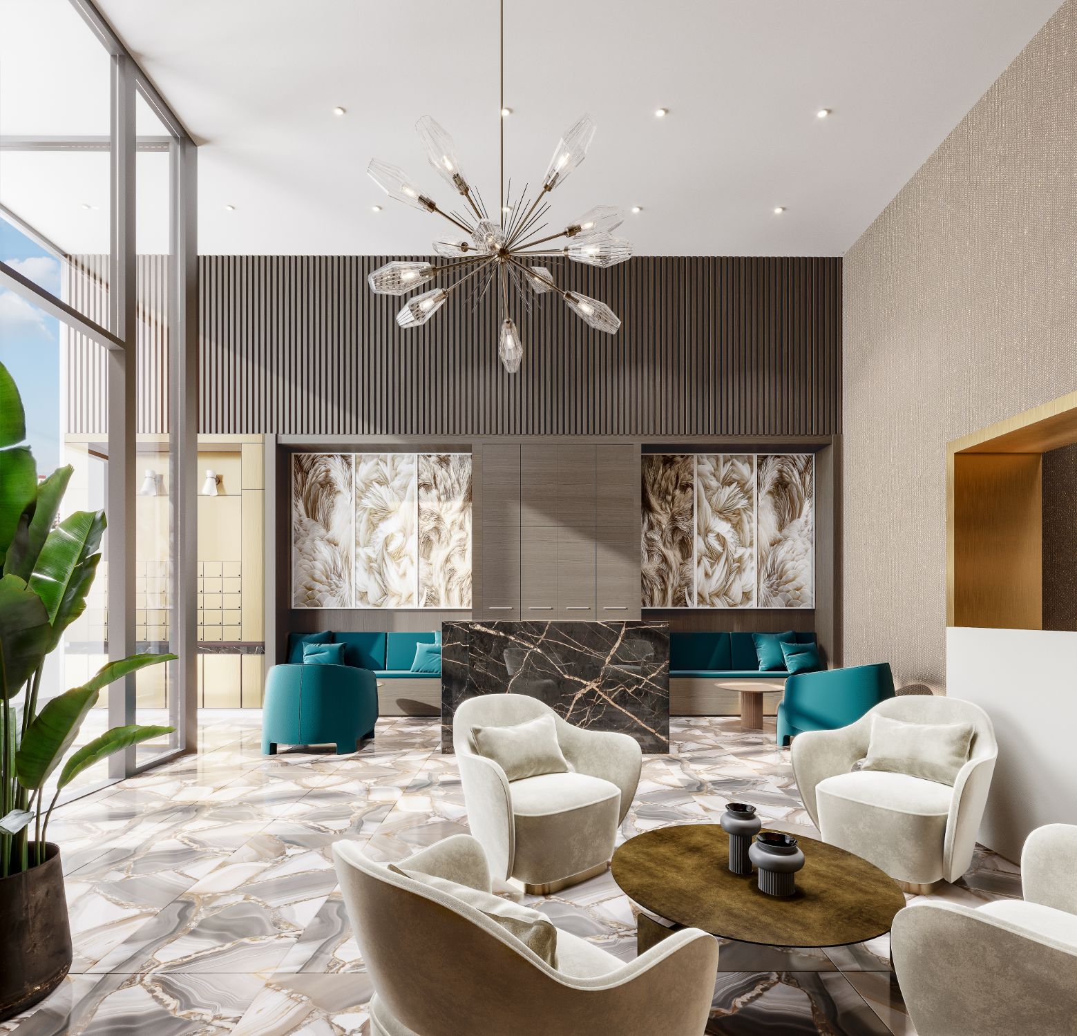 3D interior rendering of the double-height residents' lounge at Italia by Solterra in Vancouver, with a sculptural chandelier and lounge seating