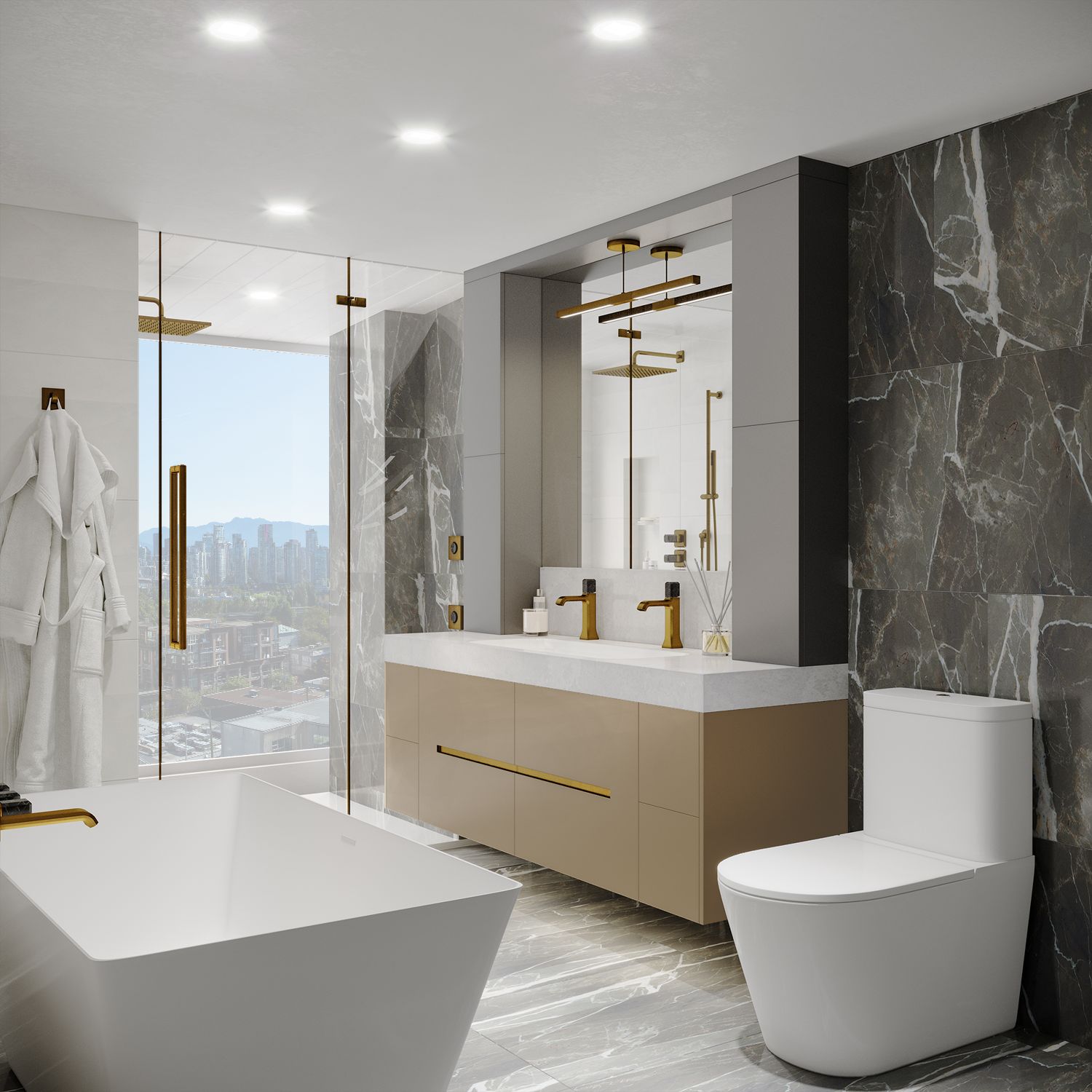 3D interior rendering of an ensuite bathroom at Italia by Solterra in Vancouver, with a freestanding tub, double vanity, and marble walls