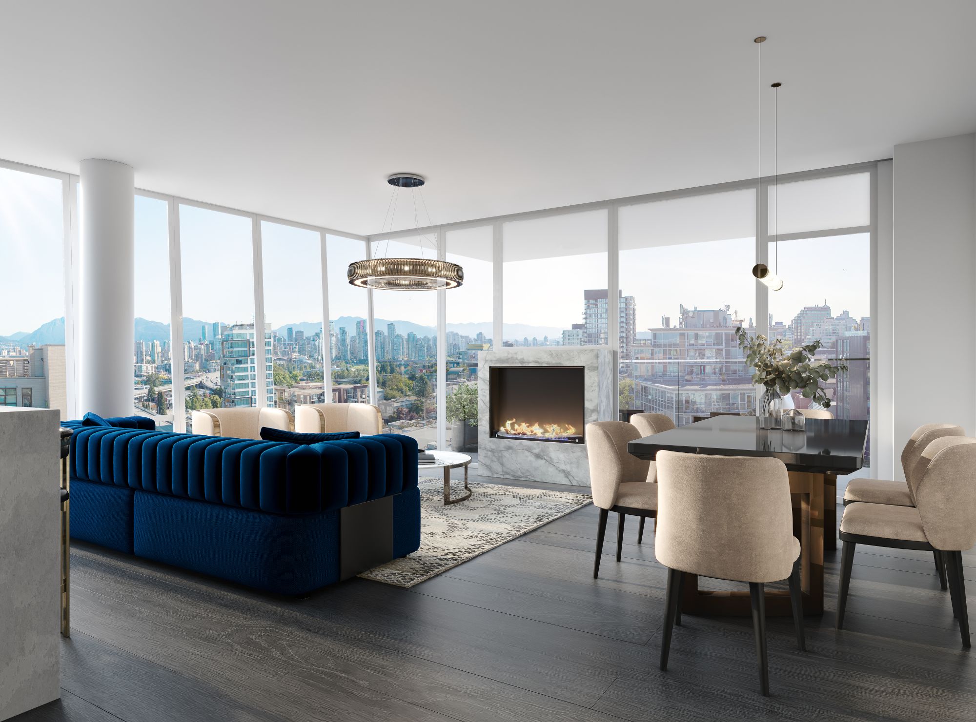 3D interior rendering of the living and dining area at Italia by Solterra in Vancouver, with a blue sofa, corner fireplace, and city views