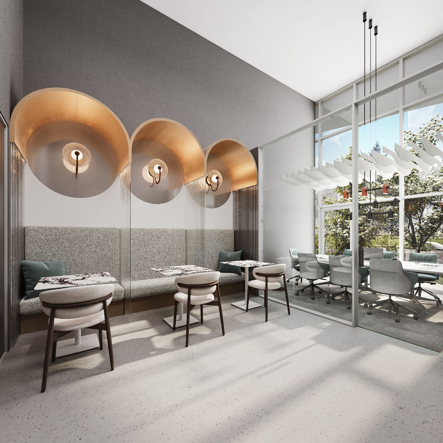 3D interior rendering of a Vivere by Solterra resident lounge with oversized copper dish wall sconces, banquette seating and cafe tables, and a glass-walled meeting room beside a double-height window.