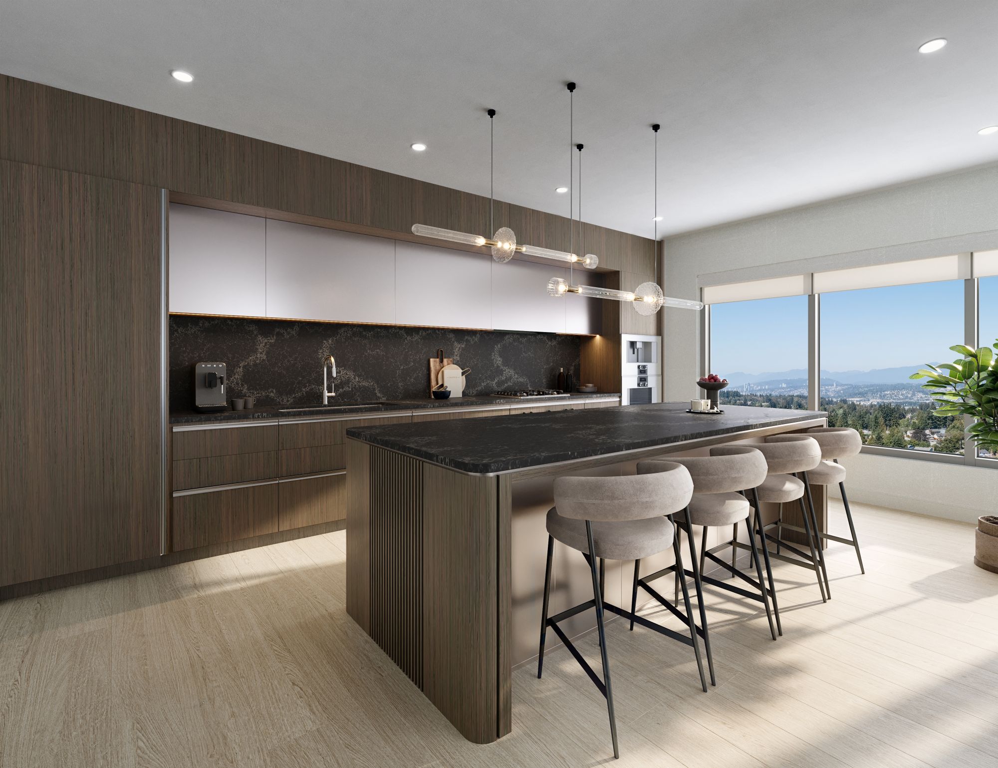 3D interior rendering of a Vivere by Solterra penthouse living and dining level wrapped in floor-to-ceiling glass on two sides, with a panoramic view, an internal staircase to the floor above, a pale sectional sofa, and a dark glass dining table.