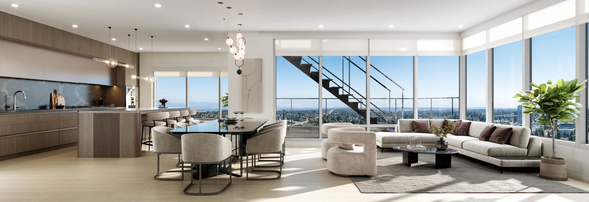 Wide 3D interior rendering of a Vivere by Solterra penthouse kitchen with warm wood cabinetry, a dark veined stone backsplash and island top, a fluted island base, upholstered bar stools, linear pendants, and corner windows over the city.