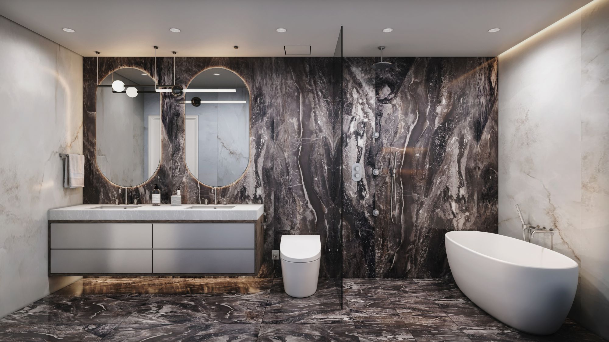 3D interior rendering of a Vivere by Solterra primary bathroom anchored by a dramatic dark veined marble feature wall and floor, with a freestanding soaking tub, a double grey vanity, and twin oval mirrors.