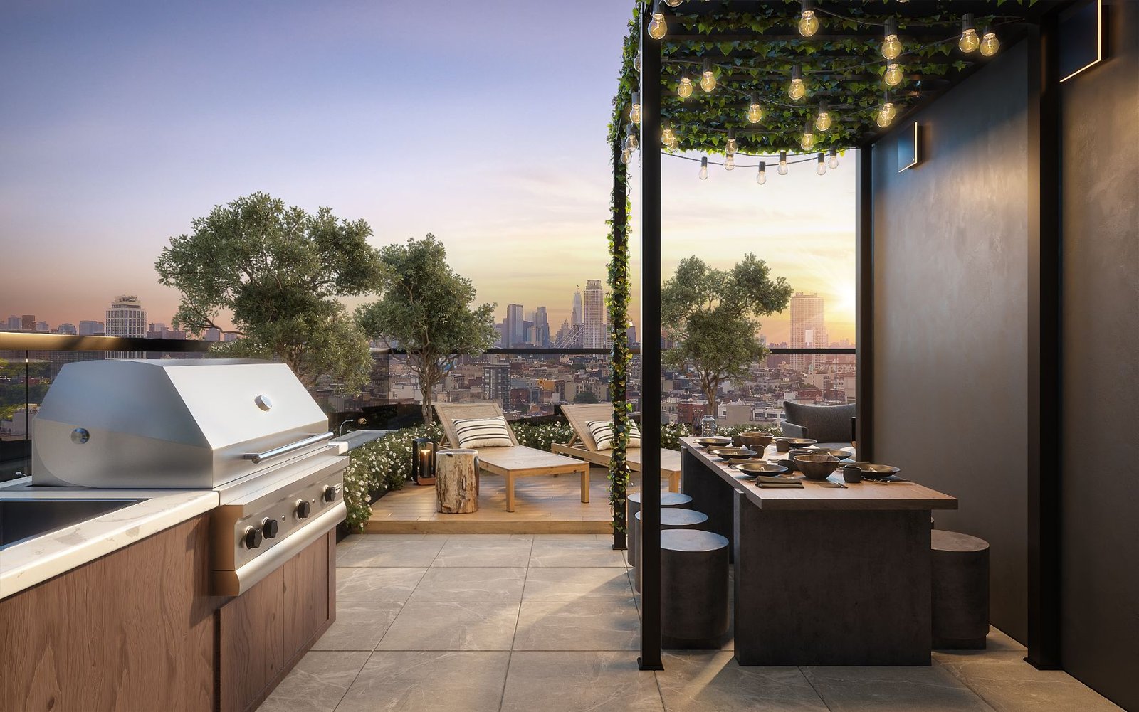 3D rendering of an Orson Williamsburg private roof terrace at dusk with an outdoor kitchen, lounge chairs, a pergola with string lights, and the Manhattan skyline beyond
