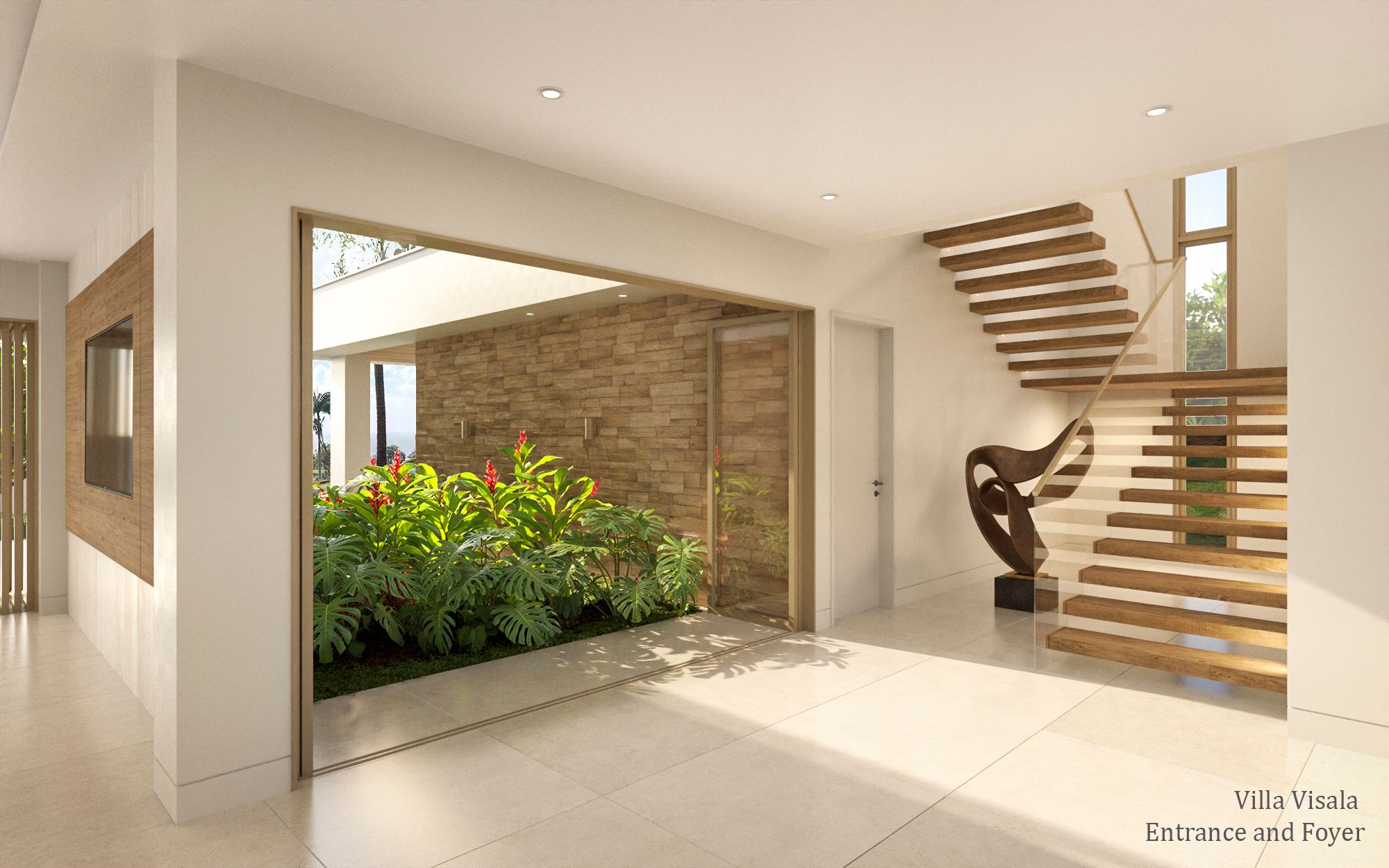 Interior 3D rendering of the Villa Visala entrance foyer featuring a floating timber staircase with a glass balustrade, a sculptural art piece lit from the stair, and a stone-clad planter with tropical foliage behind floor-to-ceiling glass.