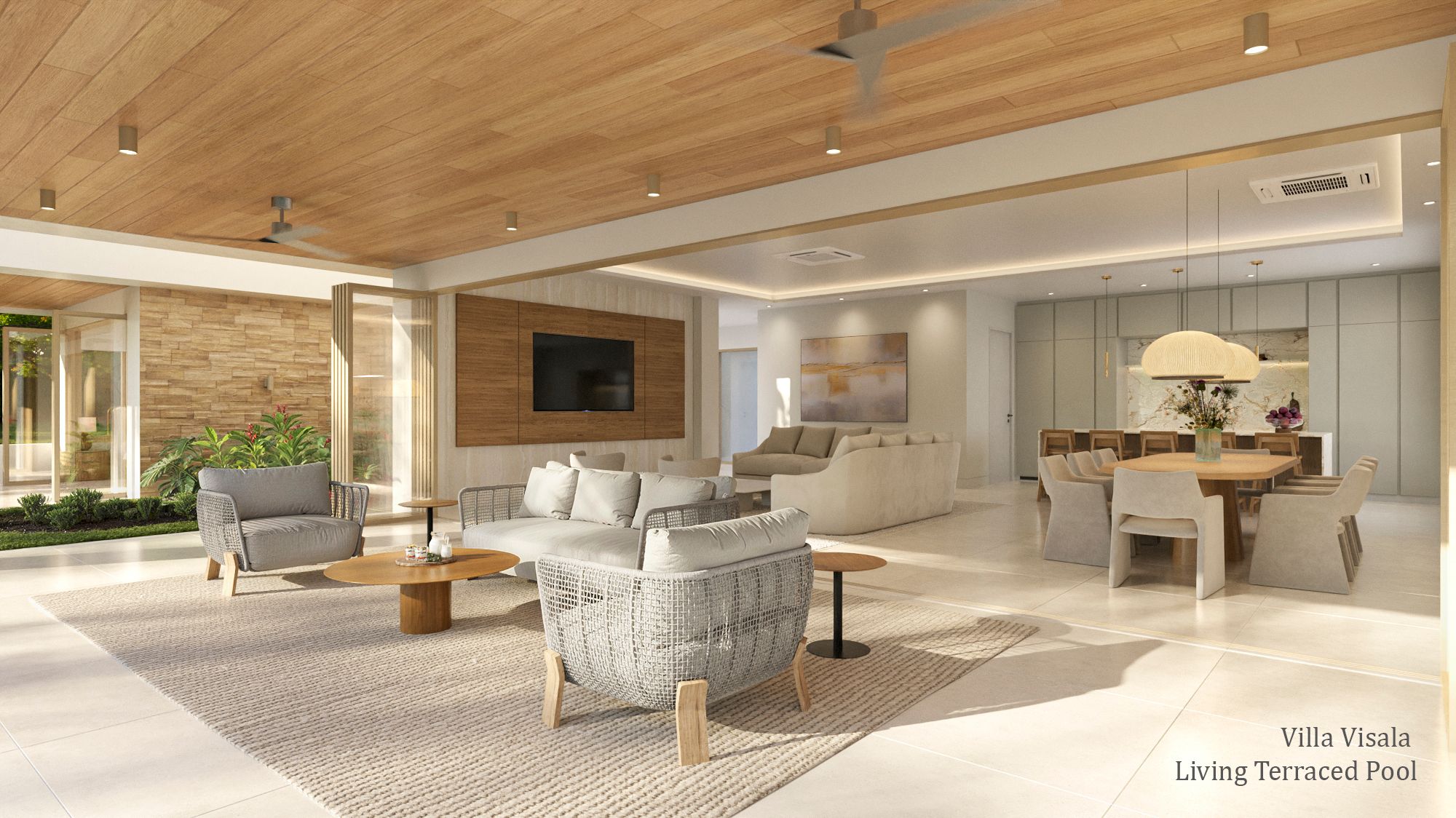 Interior 3D rendering of the Villa Visala open-plan living area with a warm tongue-and-groove timber ceiling, wall-mounted television, woven lounge seating, and an open transition to the dining room and pool terrace.