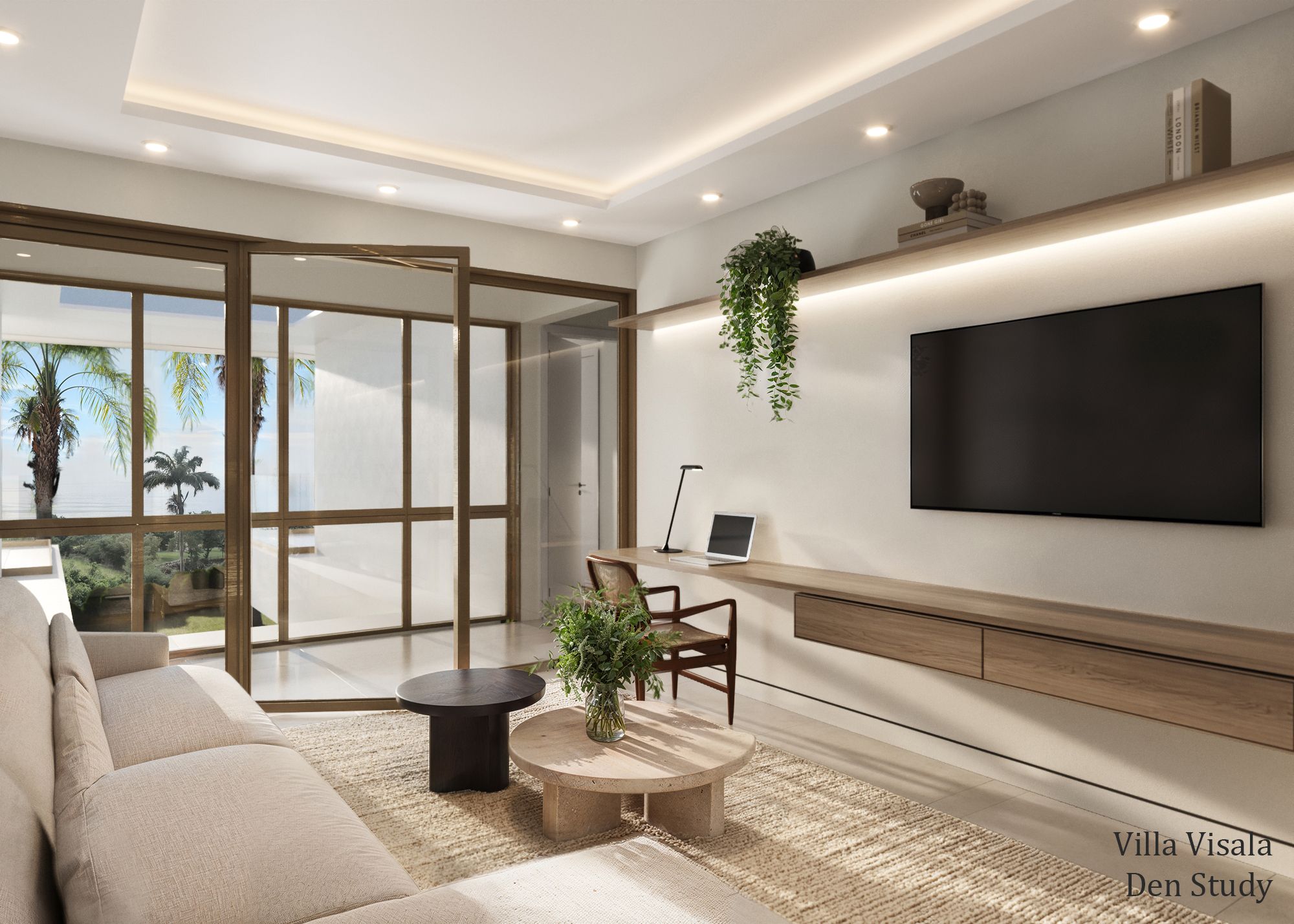 Interior 3D rendering of the Villa Visala den and study with a wall-mounted television, a built-in timber desk and floating console, a neutral sofa, and floor-to-ceiling glass overlooking the ocean and palms.