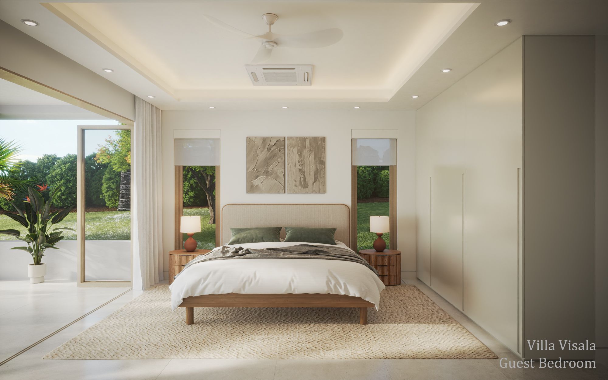 Interior 3D rendering of a Villa Visala guest bedroom with a timber bed framed by two windows and matching nightstands, a tray ceiling with a ceiling fan, fitted wardrobes, and sliding glass doors to the garden.