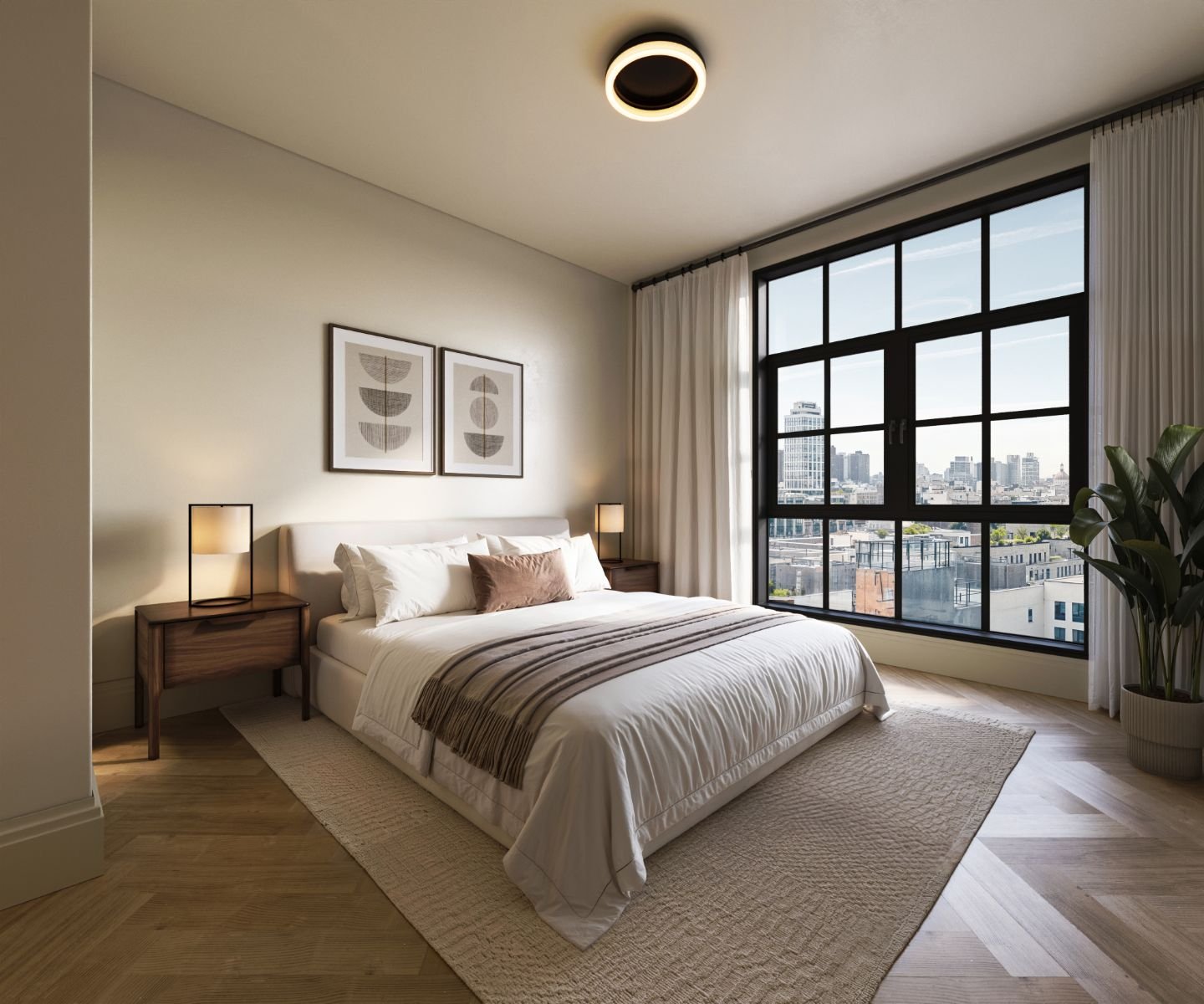 3D rendering of an Orson Williamsburg bedroom with a large black-framed corner window, walnut nightstands, neutral bedding, and views over Brooklyn rooftops