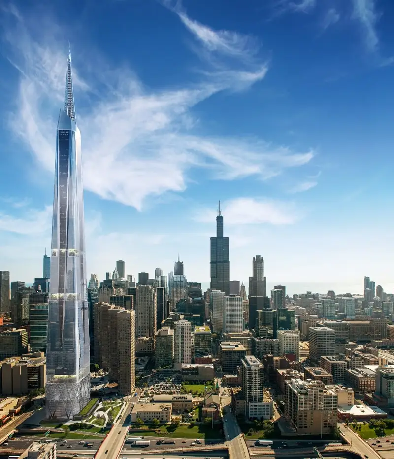 3D exterior rendering of a futuristic skyscraper towering above downtown Chicago,