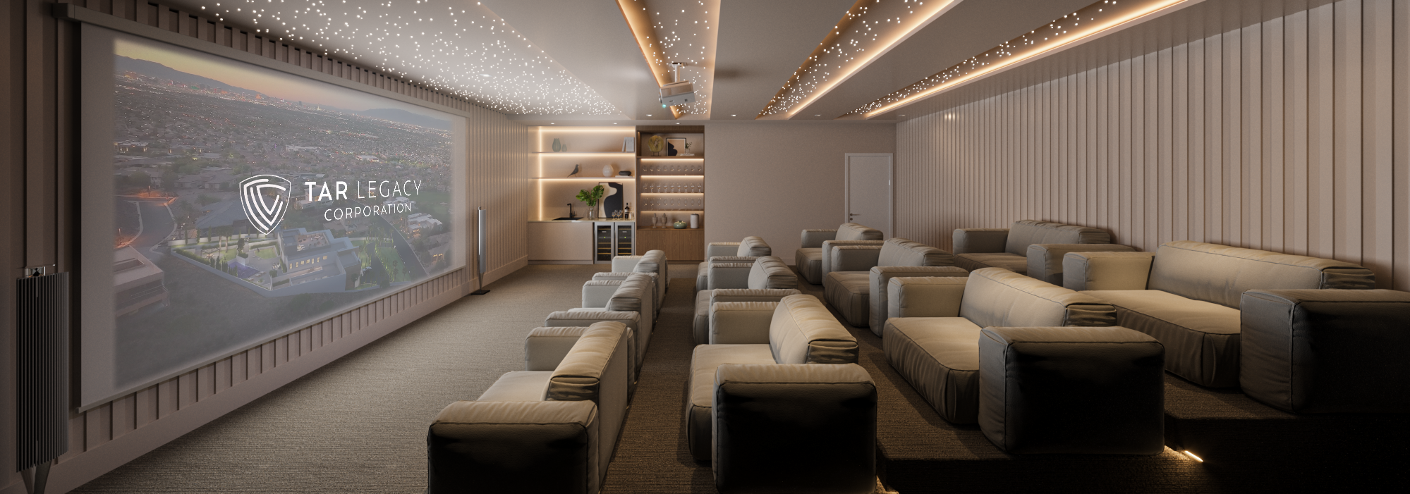 3D rendering of the Serenity movie theater, with tiered reclining seats, a fiber-optic starfield ceiling, and a large screen, rendered as a separate scope for the project