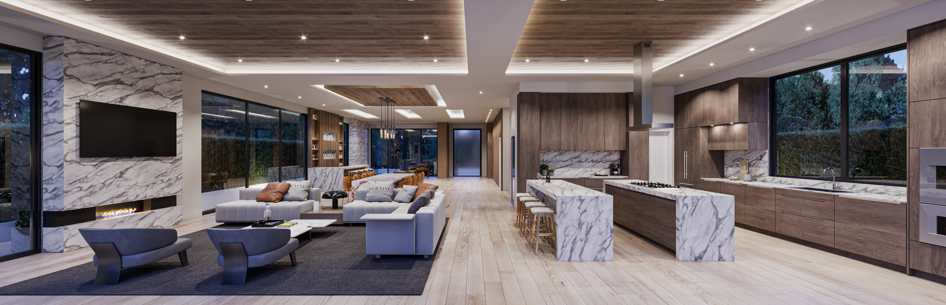 Wide panoramic 3D rendering of the Serenity open kitchen and living area, with a marble-clad fireplace wall and television, low sectional seating, a wood-slat ceiling, and a double marble island in the kitchen beyond