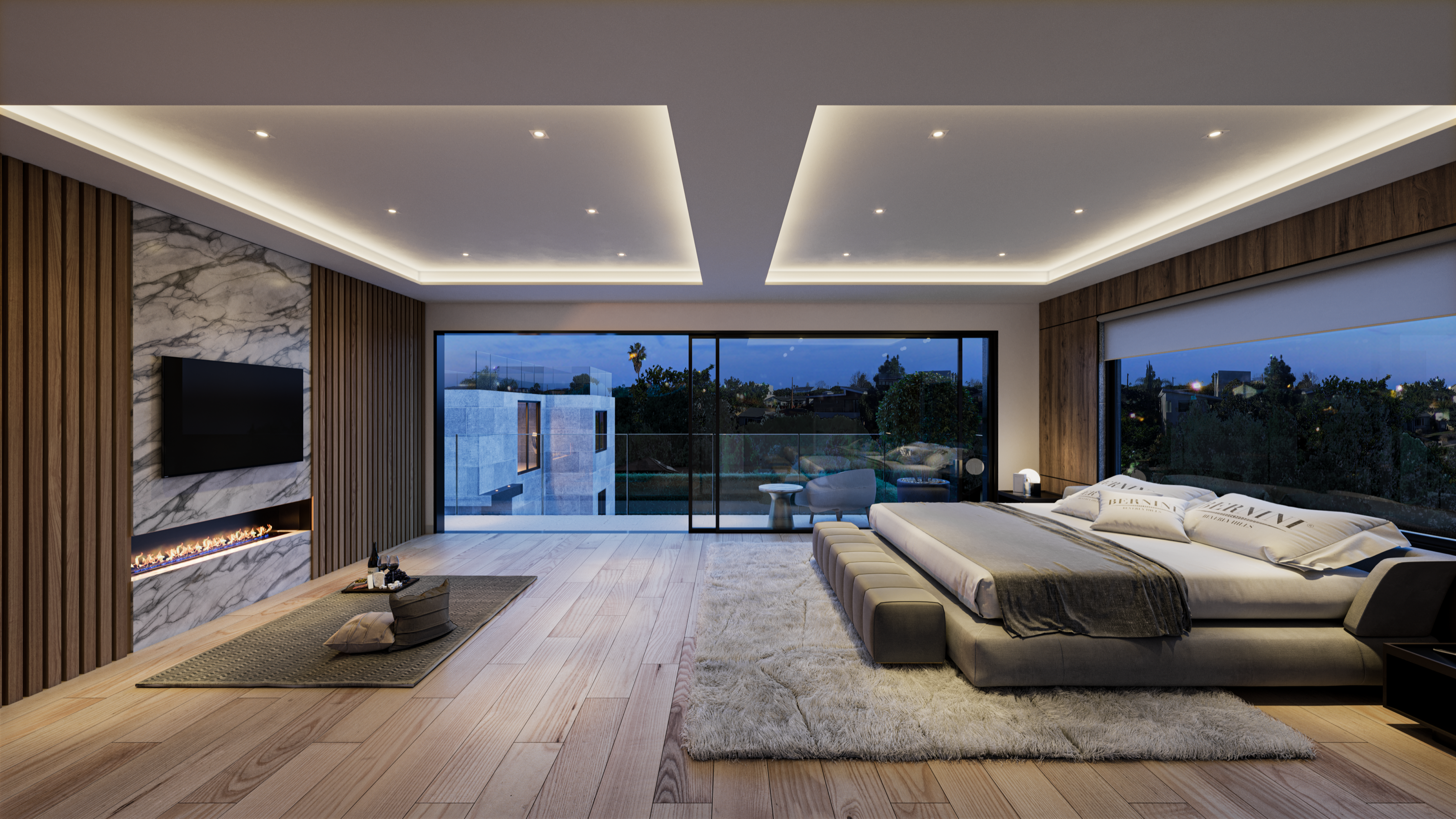 Dusk 3D rendering of the Serenity primary bedroom, with a platform bed, a marble media wall with a linear fireplace and television, and sliding glass doors opening to a terrace over the treetops