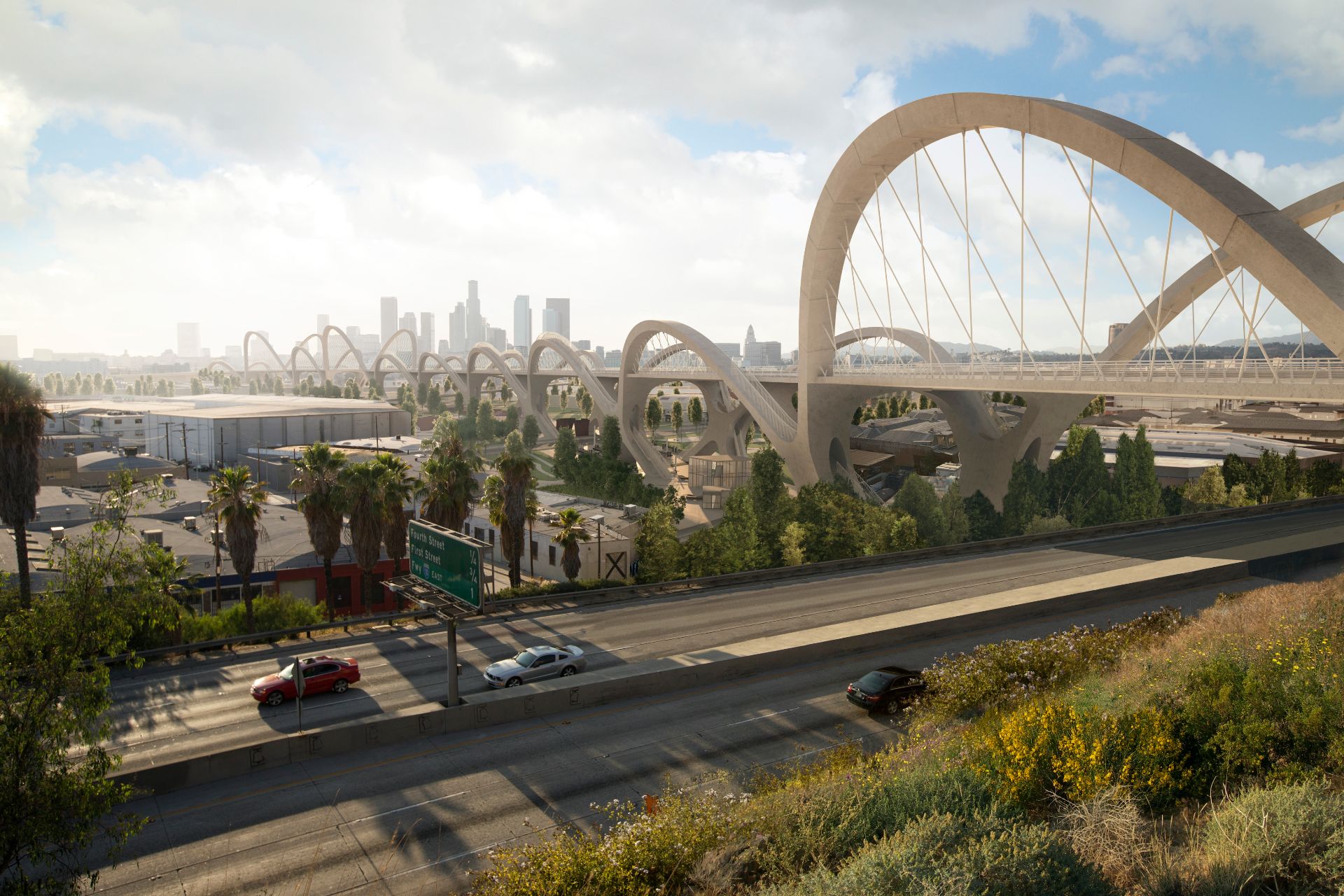 Photorealistic 3D rendering of the Sixth Street Viaduct in Los Angeles, its repeated concrete arches sweeping toward the Downtown skyline with the freeway and cars in the foreground.