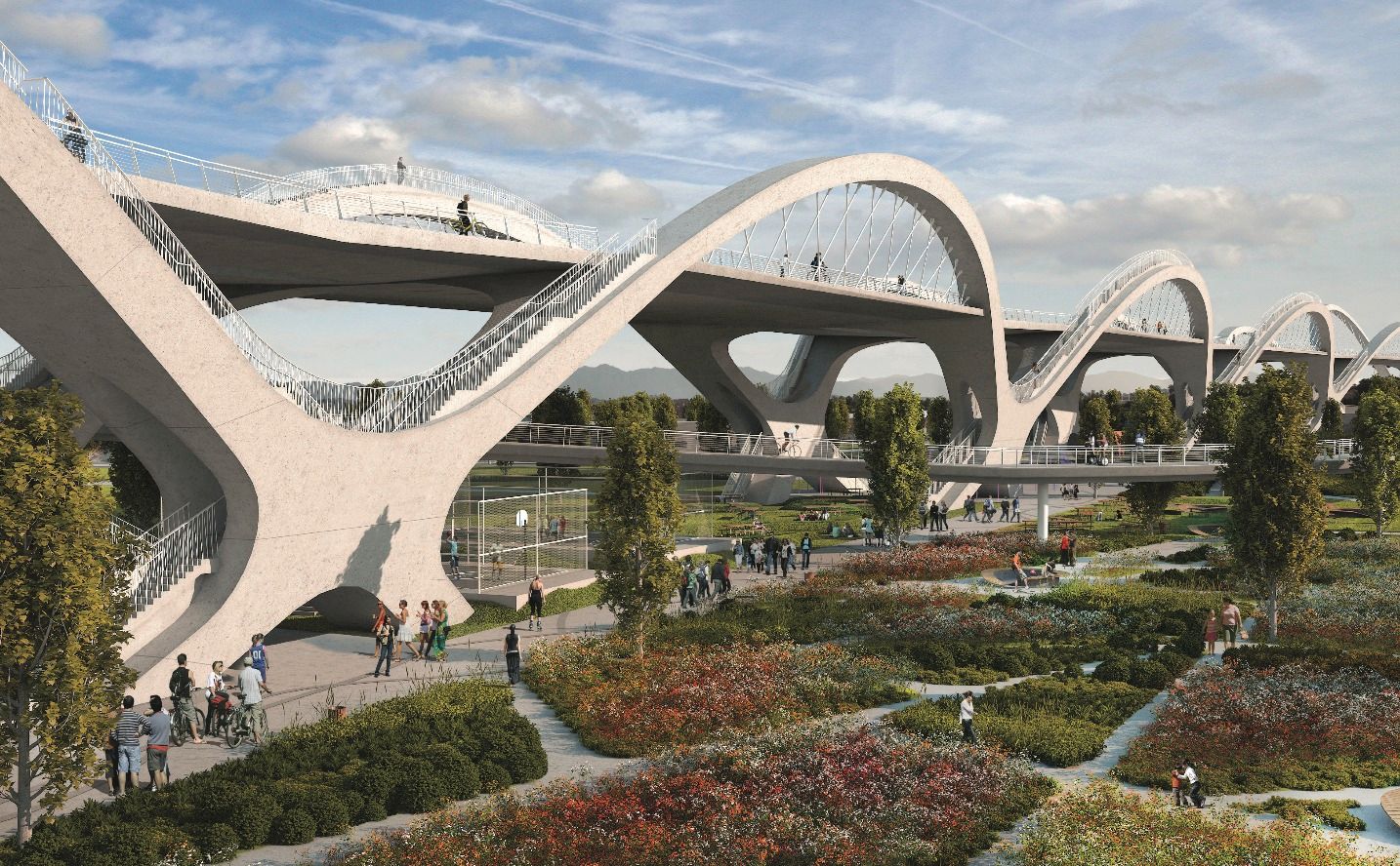 3D rendering of the public space beneath the Sixth Street Viaduct, with the sculptural arches rising above terraced gardens, planted paths, stairs, and people gathering in the new riverside park.