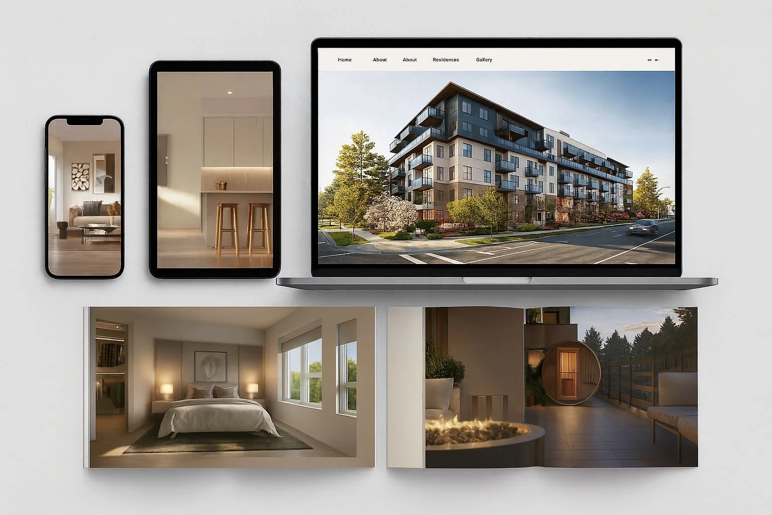 Presentation of the Muse visualization package shown across a phone, tablet, and laptop website alongside a printed brochure spread.