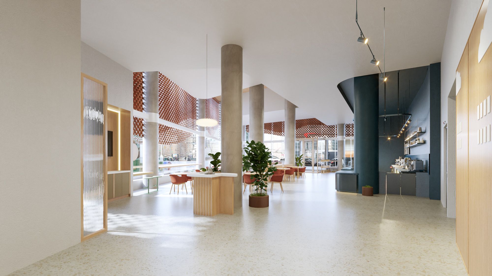 3D interior rendering of an open Capital One Café floor in Manhattan, with concrete columns, an orange woven ceiling baffle along the glazing, a central island with a planter, a deep blue feature wall behind the coffee bar, and a terrazzo floor.