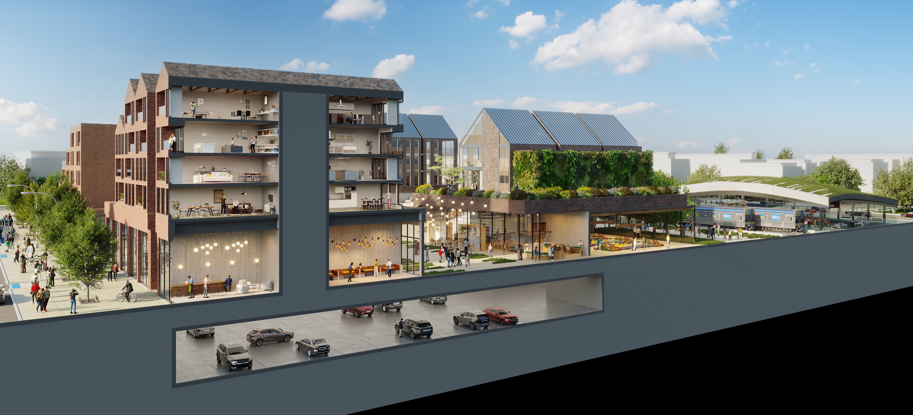 Close cutaway 3D section of a single Asbury Park Transit Hub building, sliced open to reveal stacked apartments over ground-floor commercial space, with cars parked in the level below the plaza.