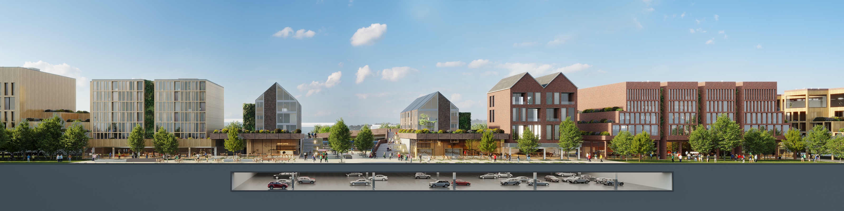 Wide panoramic cutaway 3D section of the Asbury Park Transit Hub district, the full row of brick and timber buildings and the public deck above a long exposed level of underground parking.