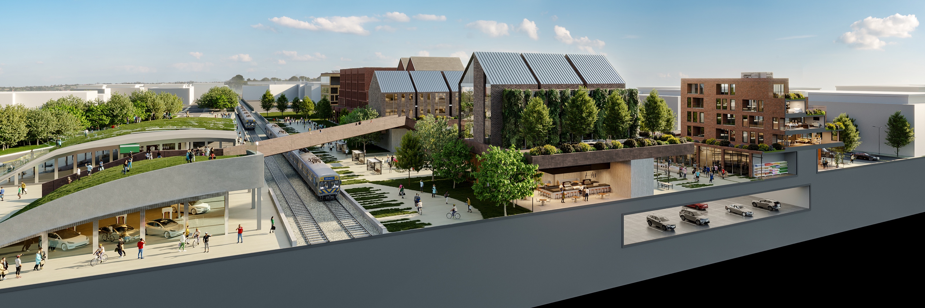Cutaway 3D section of the Asbury Park Transit Hub showing a train at the station platform below, a landscaped public deck and gabled buildings above, and a parking level tucked under the structures at right.