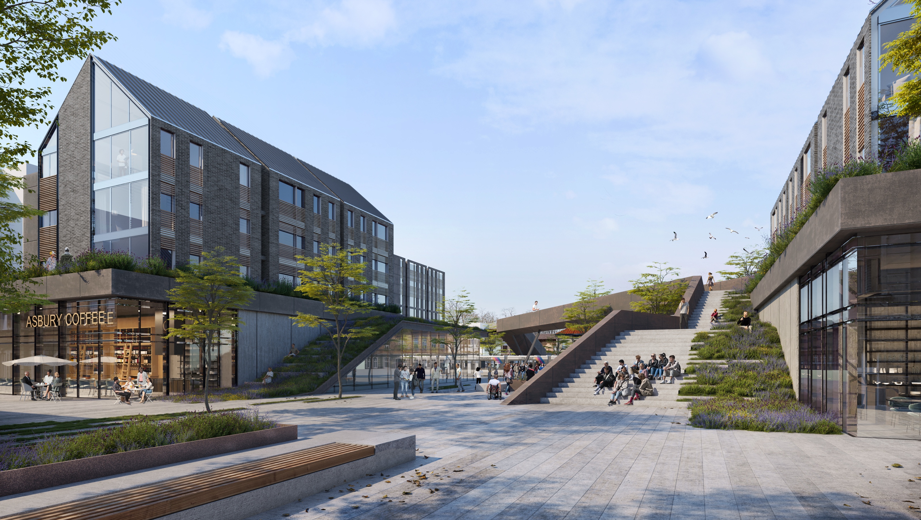 Daytime 3D rendering of the Asbury Park Transit Hub plaza, with people on a wide landscaped stair connecting levels, a brick apartment building, green-roofed pavilions, and an Asbury Coffee storefront.