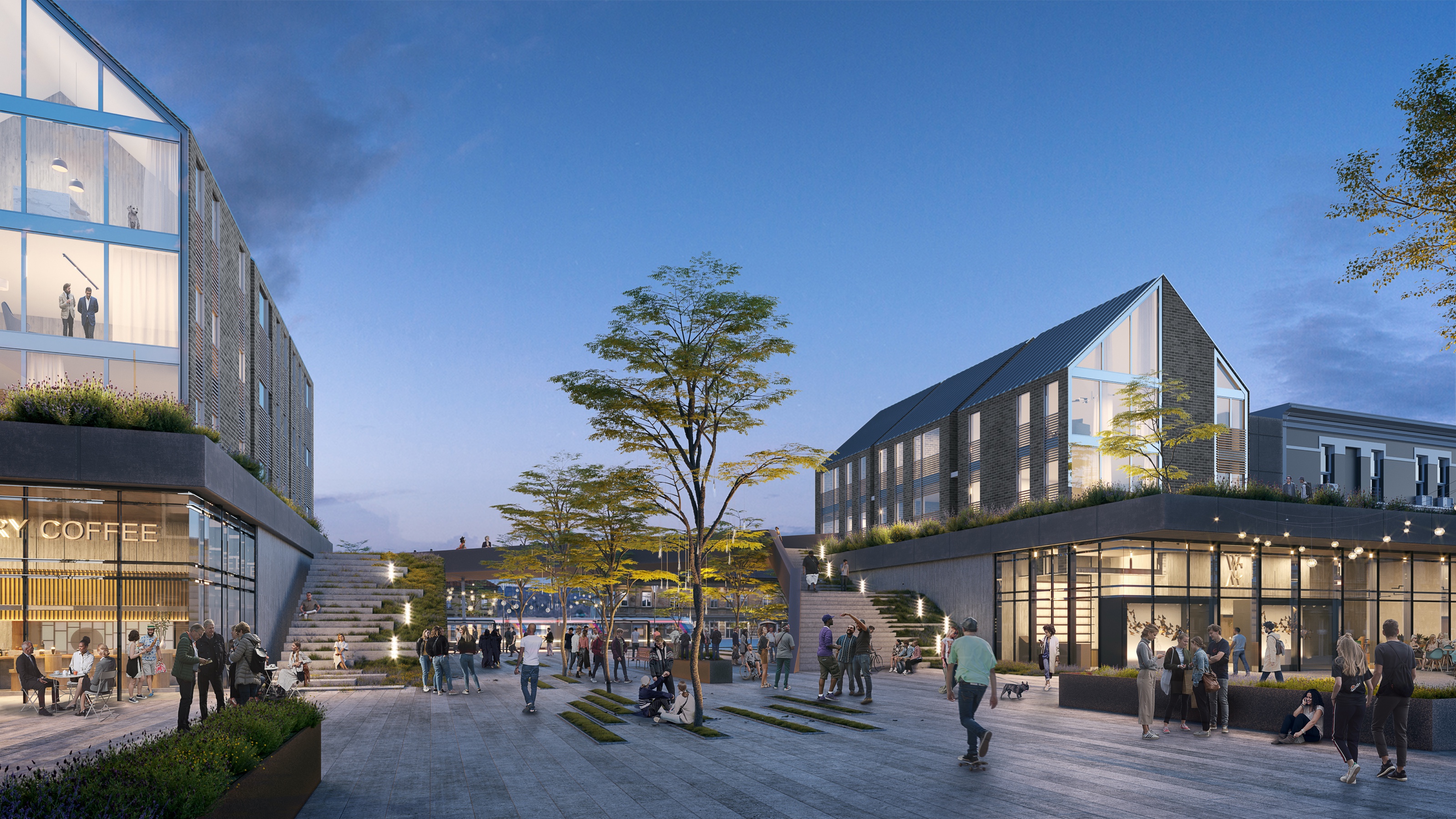 Dusk 3D rendering of the Asbury Park Transit Hub plaza filled with people, with a coffee bar, gabled buildings with green-roof terraces, string lights, and a wide landscaped stair glowing in the evening.