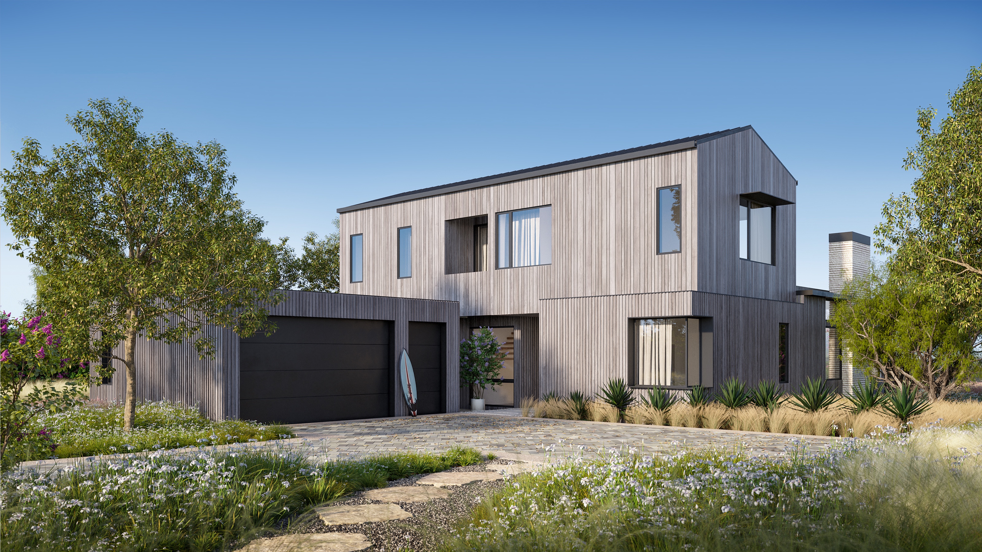 3D exterior rendering of Cottage B at Austin Surf Club, a two-story home in bleached vertical timber with a double garage and a surfboard, set in a wildflower meadow with agaves and a paver drive.