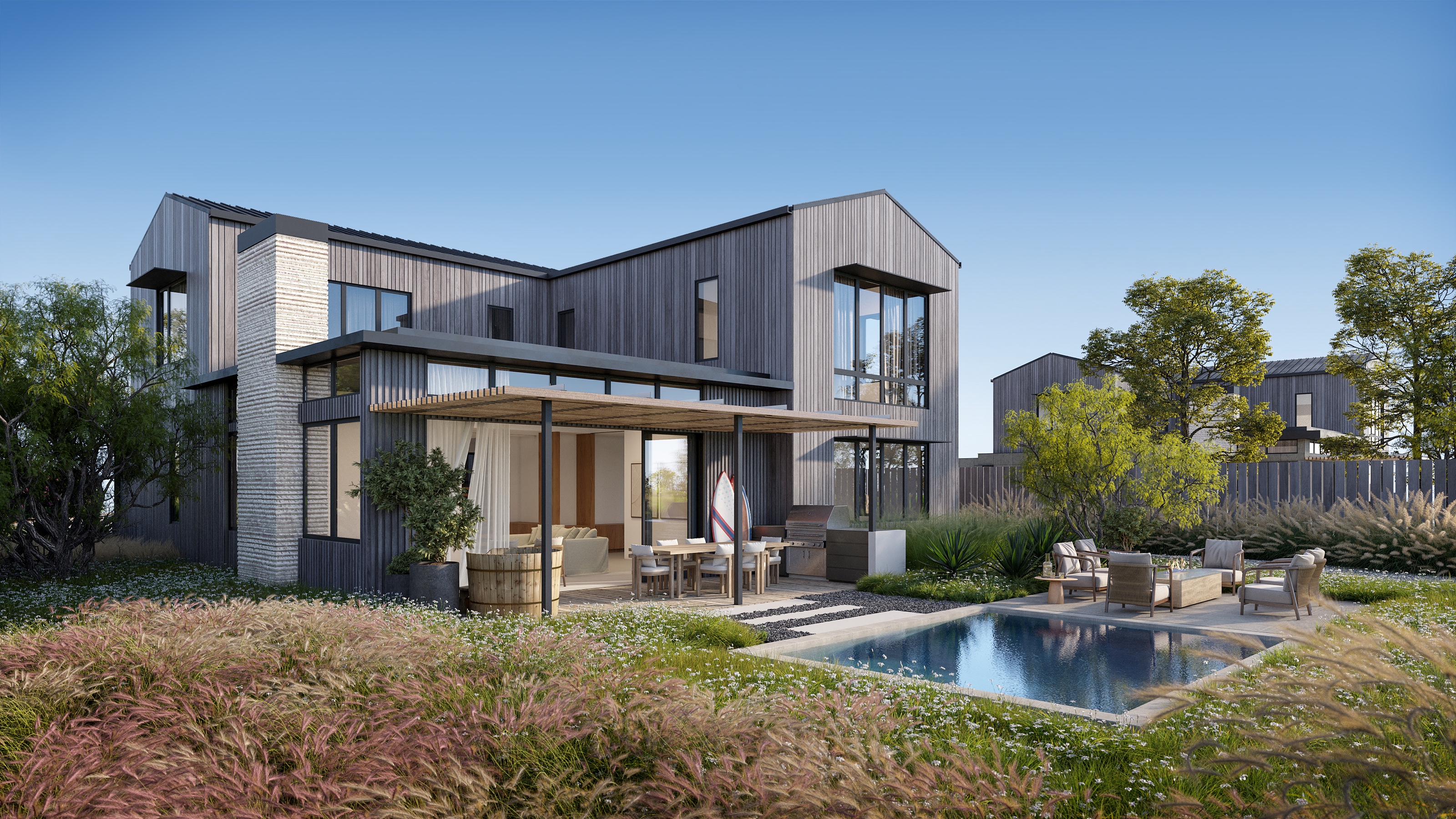 3D exterior rendering of the rear of Cottage B at Austin Surf Club, in dark timber over a stone base, with a pergola-shaded terrace, an outdoor kitchen and dining, a plunge pool, and native prairie grasses.