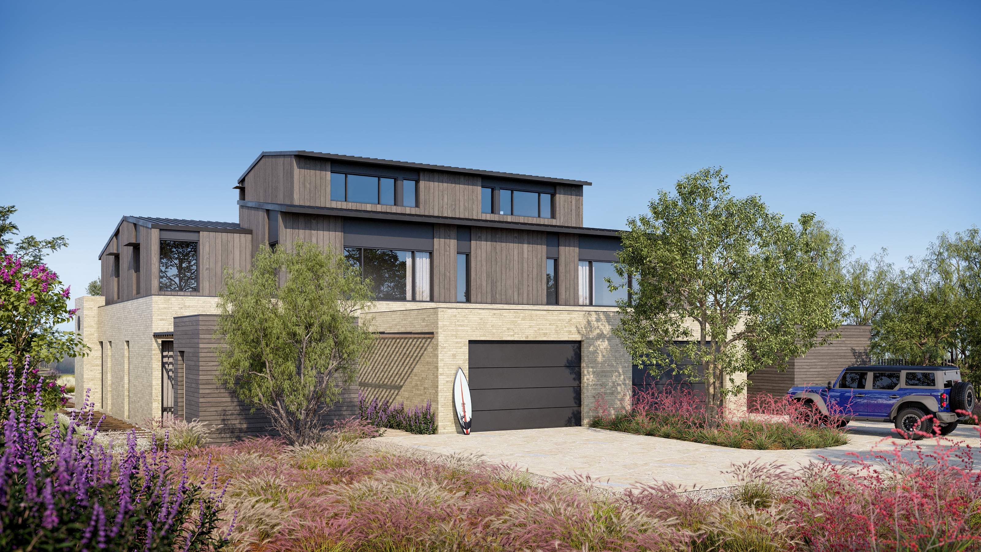 3D exterior rendering of the North duplex at Austin Surf Club, a three-story home in dark timber over a tan brick base, with a double garage, a surfboard, and a vehicle on the drive among purple sage and grasses.