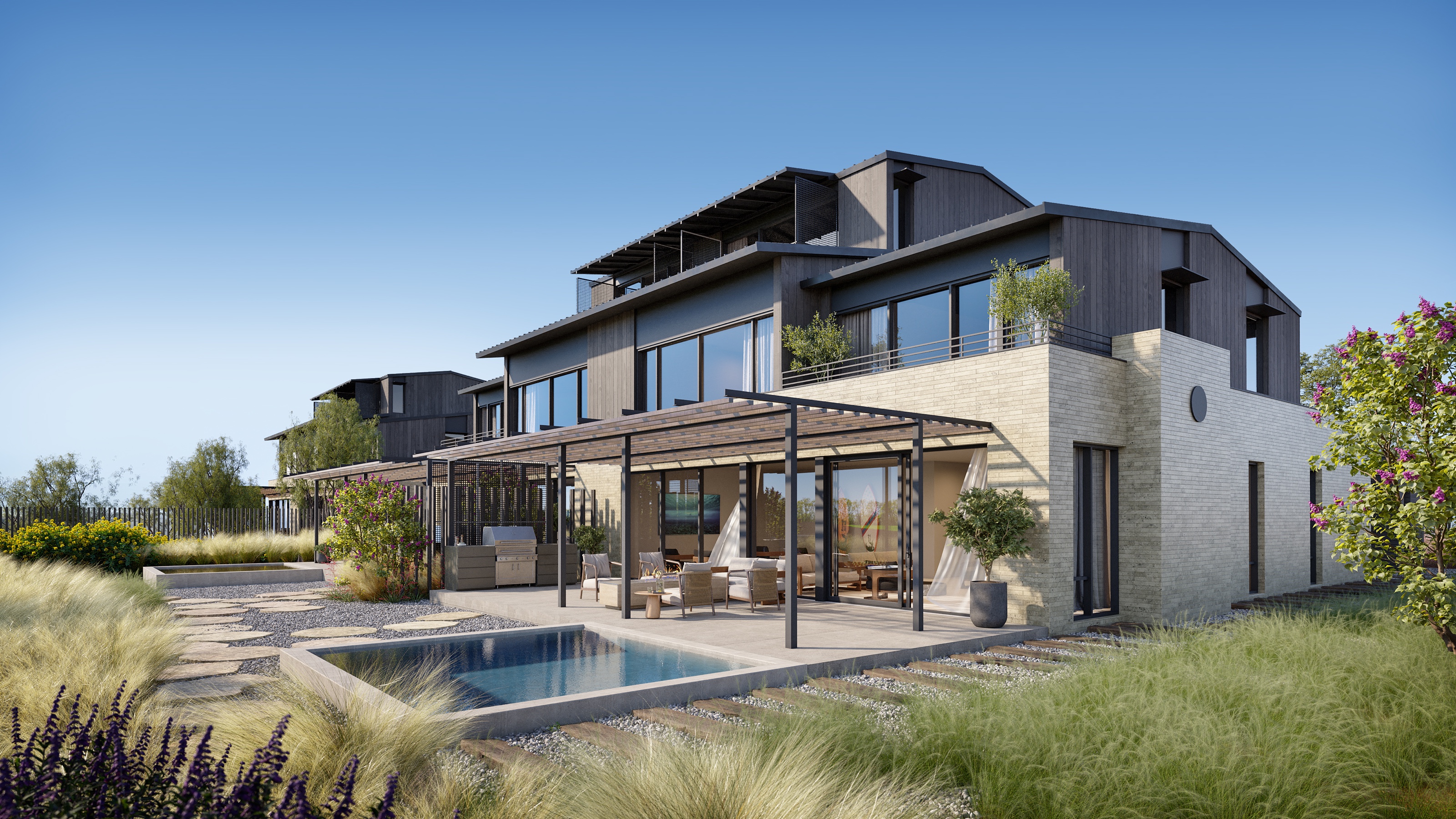 3D exterior rendering of the rear of the North duplex at Austin Surf Club, with stepped pergola-shaded terraces, a plunge pool, brick and timber walls, and native planting.