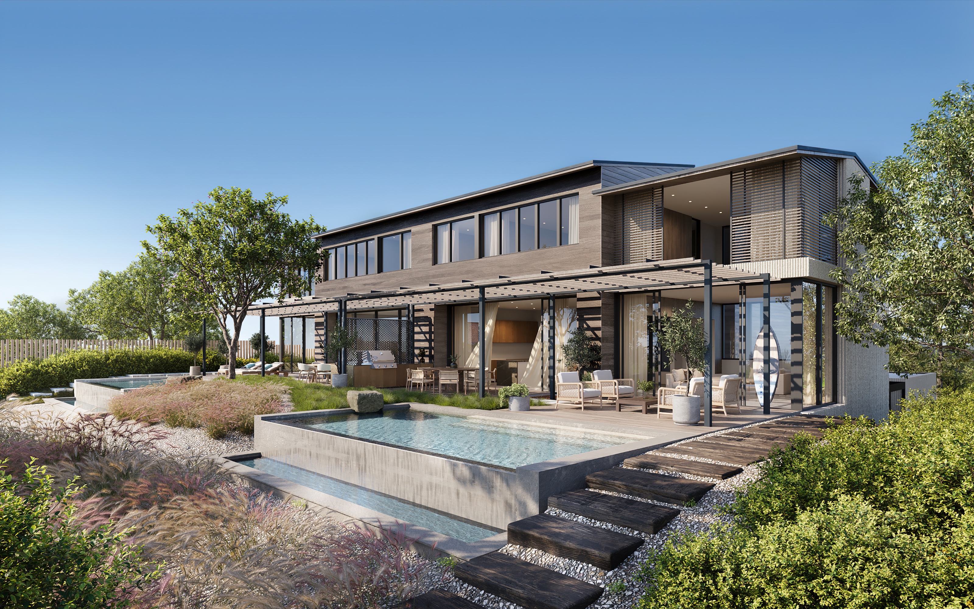 3D exterior rendering of the rear of the South duplex at Austin Surf Club, with an infinity-edge pool and timber steps, a deep pergola-shaded terrace, slatted timber screens, and lush native landscaping.