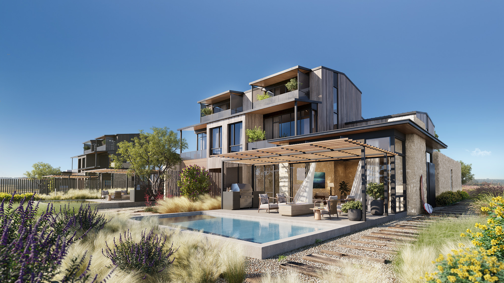 3D exterior rendering of a home's rear in the Scheme B palette at Austin Surf Club, a three-story stone-and-timber massing with a pergola-shaded terrace, an outdoor kitchen, and a plunge pool.