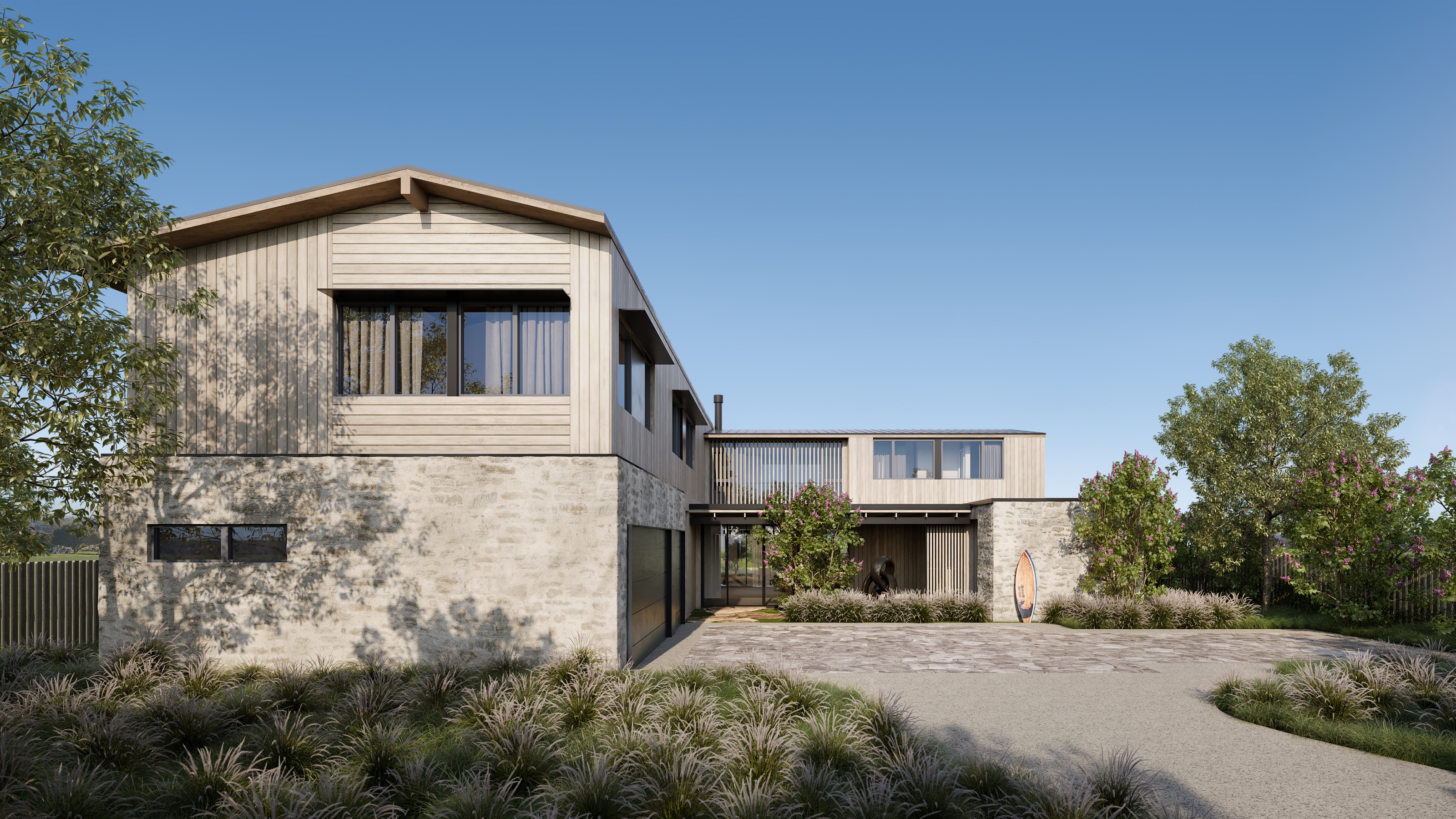 3D exterior rendering of Slater Shack A at Austin Surf Club, a gabled home in bleached timber over a stone base, with a garage, a surfboard, and native grasses along a paver drive.