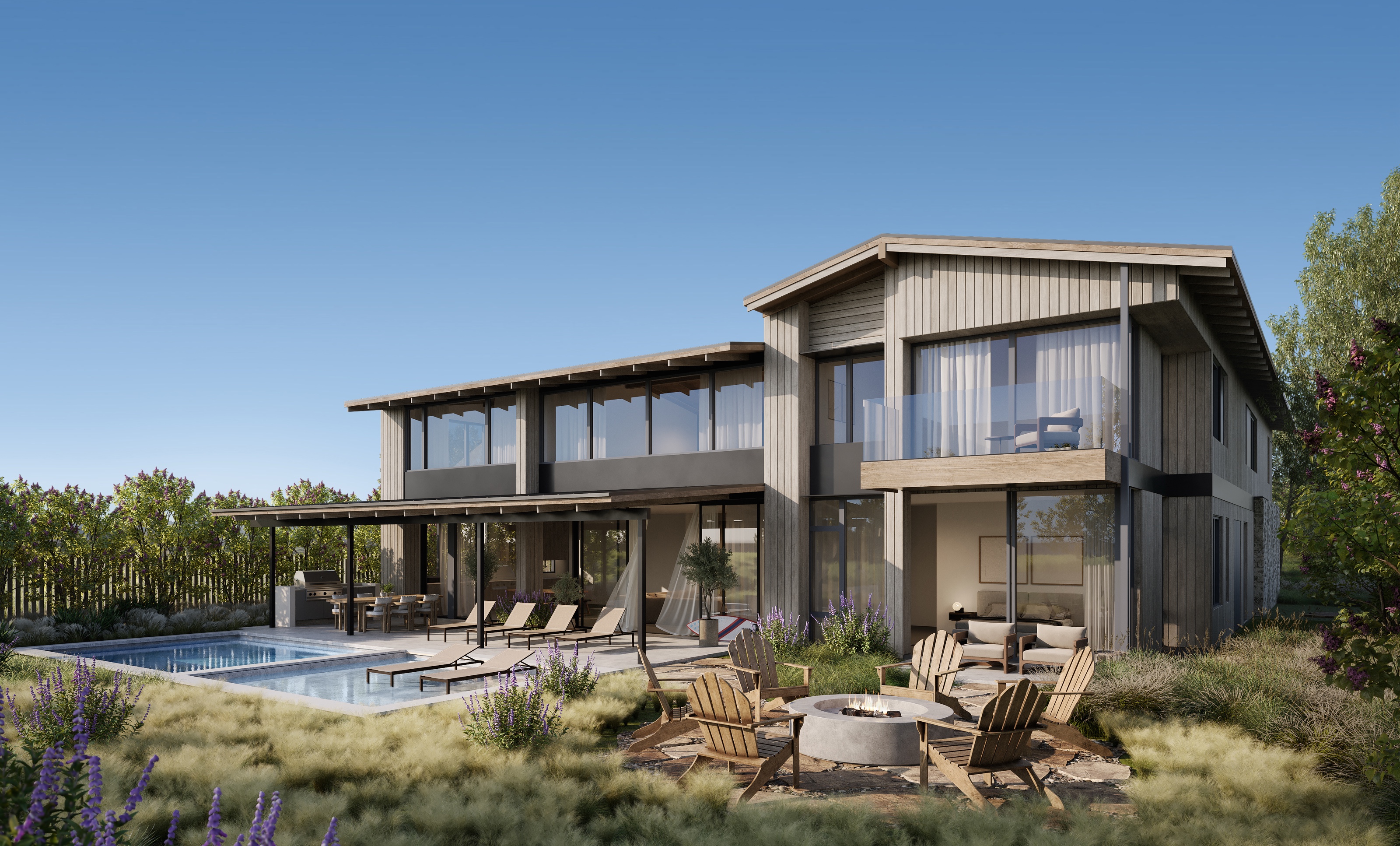 3D exterior rendering of the rear of Slater Shack A at Austin Surf Club, with a pergola-shaded terrace, a plunge pool, Adirondack chairs around a fire pit, and native planting.