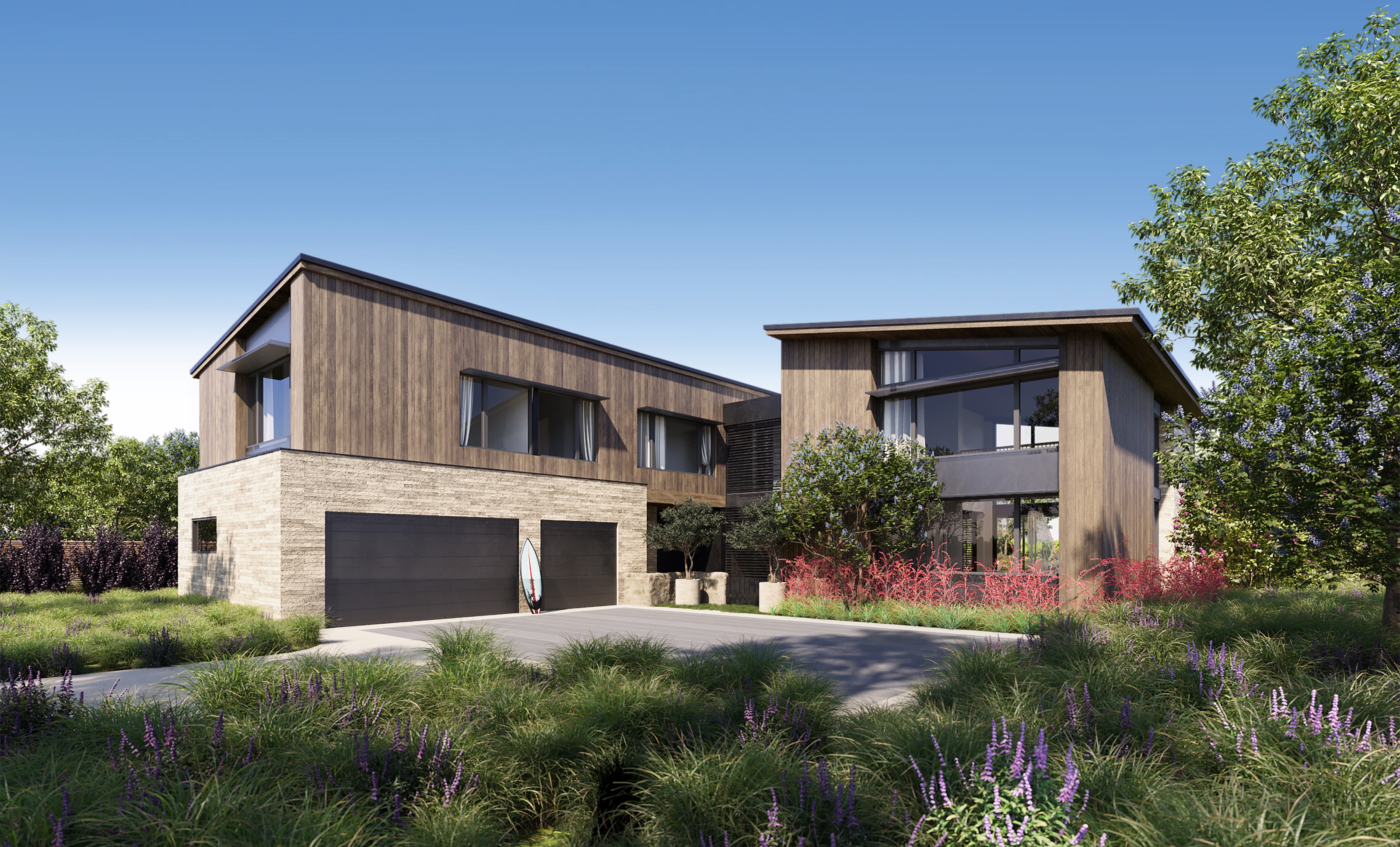 3D exterior rendering of Slater Shack B at Austin Surf Club, twin gabled timber volumes over a stone base, with a double garage, a surfboard, and purple sage and grasses.