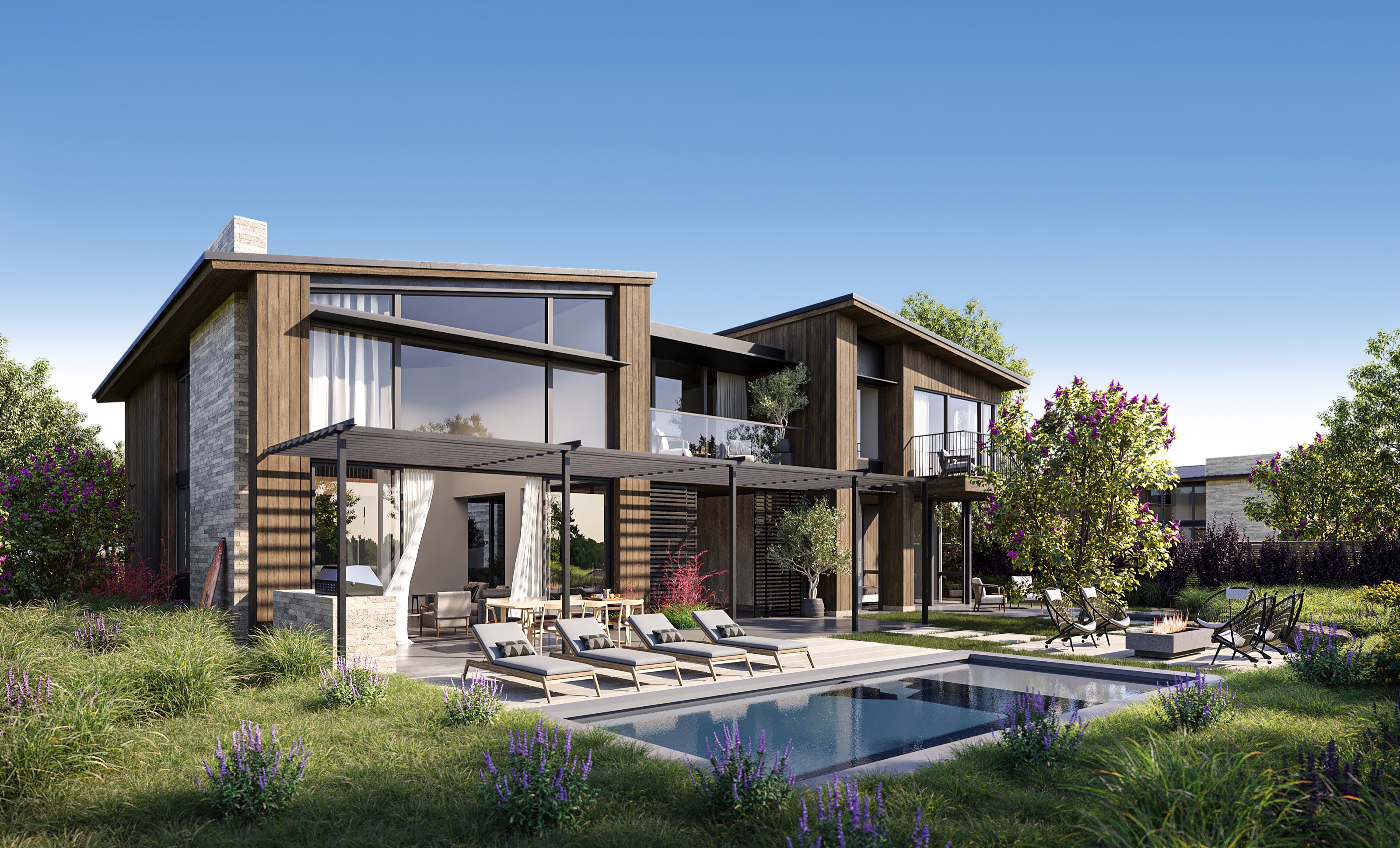 3D exterior rendering of the rear of Slater Shack B at Austin Surf Club, with a pergola-shaded terrace, an outdoor lounge and dining, a plunge pool with a fire pit, and lush native planting.