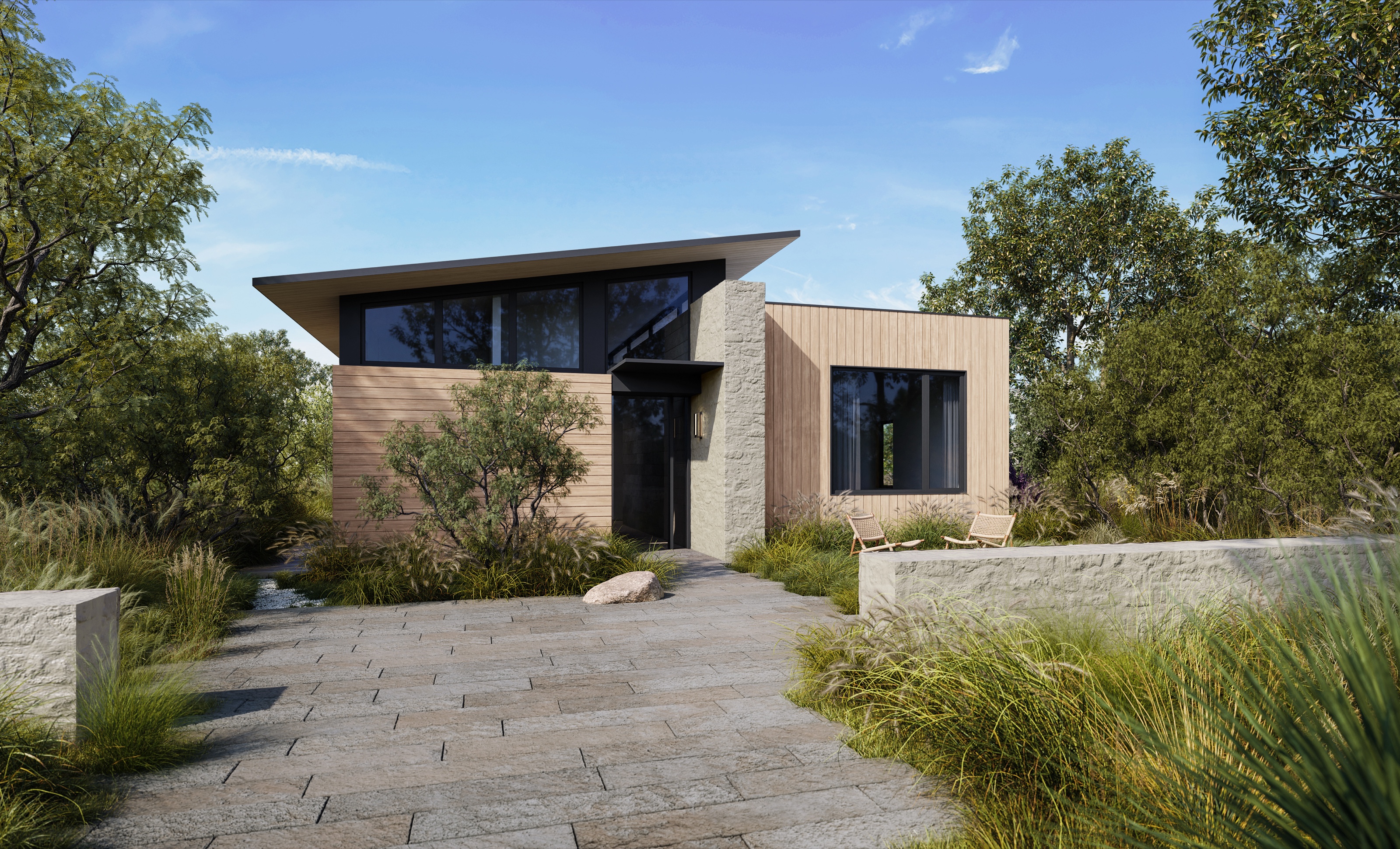 3D exterior rendering of a suite at Austin Surf Club in Texas, a single-story home with a mono-pitch roof in warm timber and stone, a paved entry path, and native prairie grasses and trees around it.