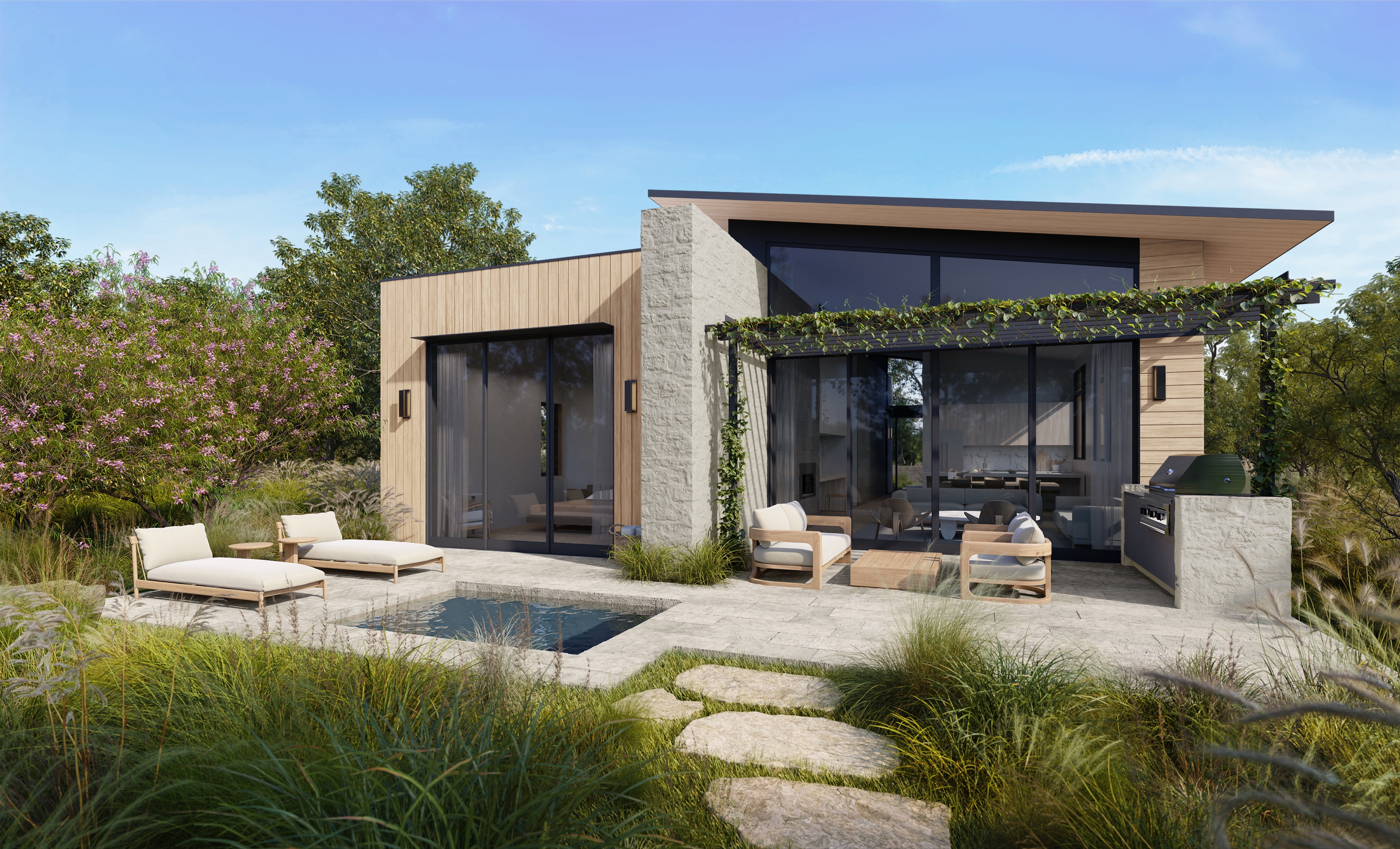 3D exterior rendering of a suite rear terrace at Austin Surf Club, with a vine-draped pergola over an outdoor kitchen and lounge, a plunge pool set into stone paving, timber and stone walls, and native prairie grasses.
