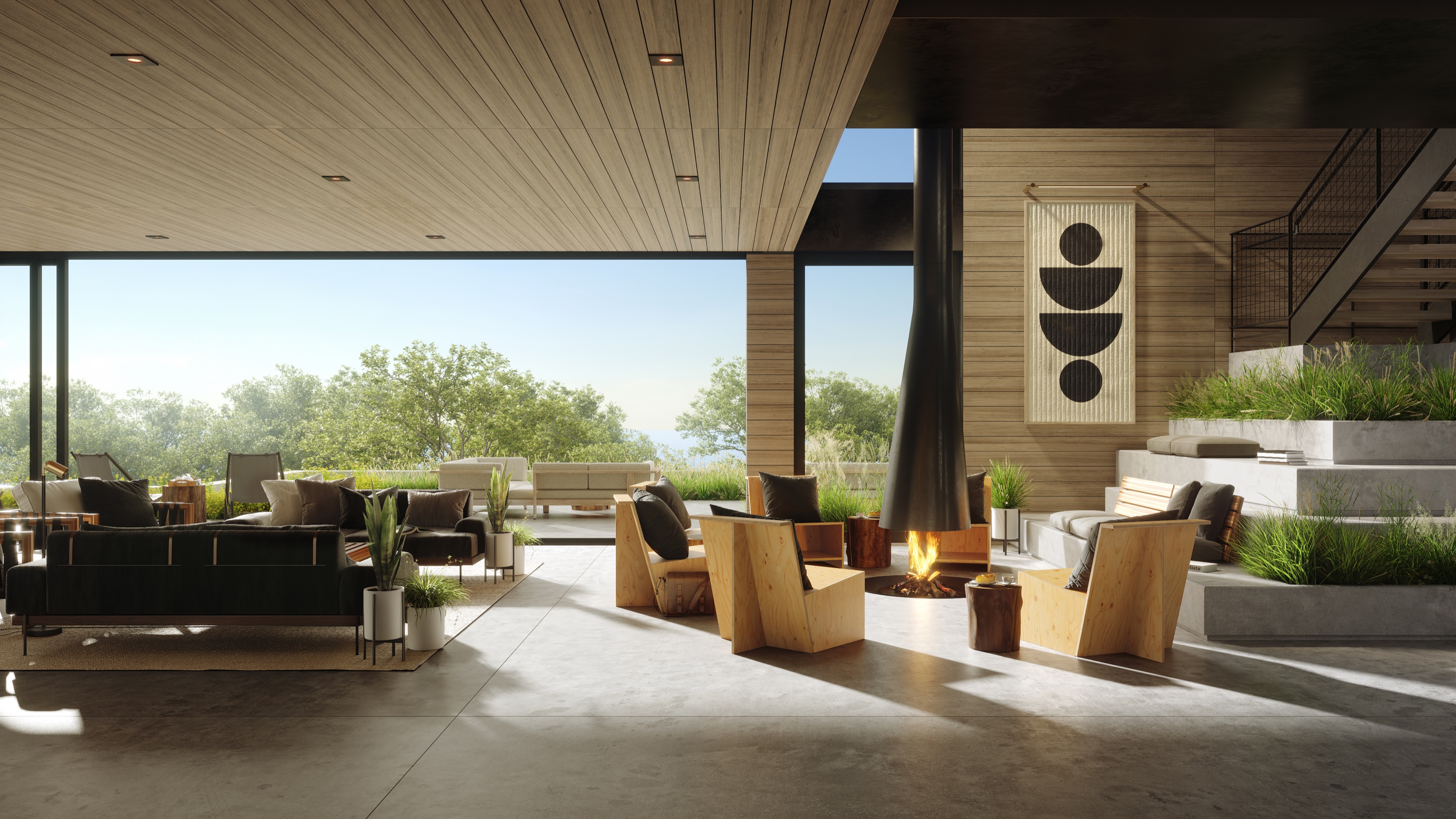Interior 3D rendering of the AutoCamp Cape Cod clubhouse lounge, a wood-lined room with a suspended black fireplace, mid-century chairs, a planted concrete terrace step, and glass walls opening to the coastal landscape.